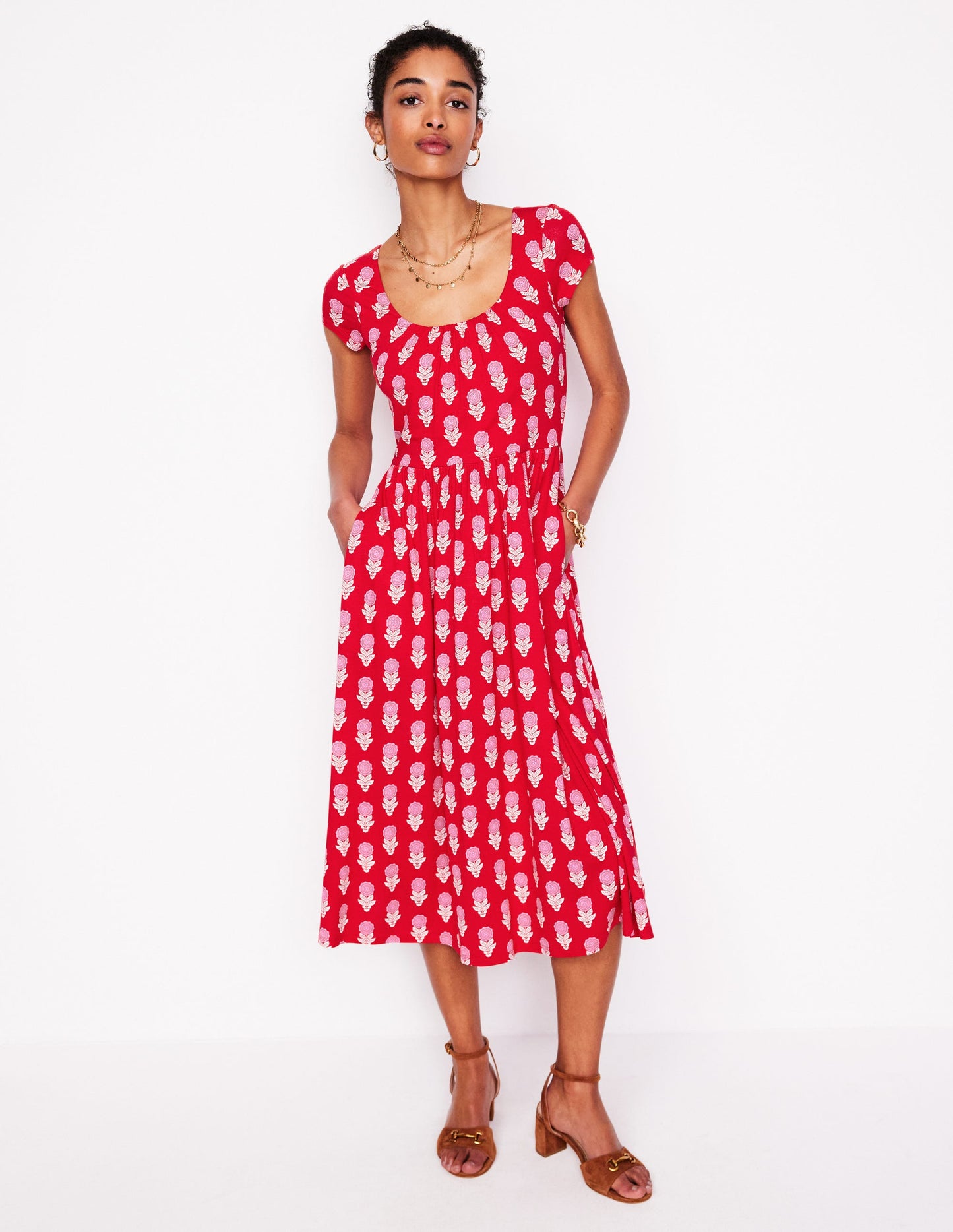 Robe en jersey Samantha à col en U-Rouge coquelicot, motif Dahlia Sprig