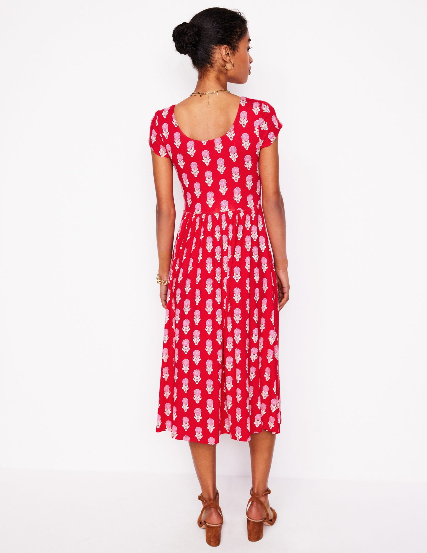 Robe en jersey Samantha à col en U-Rouge coquelicot, motif Dahlia Sprig