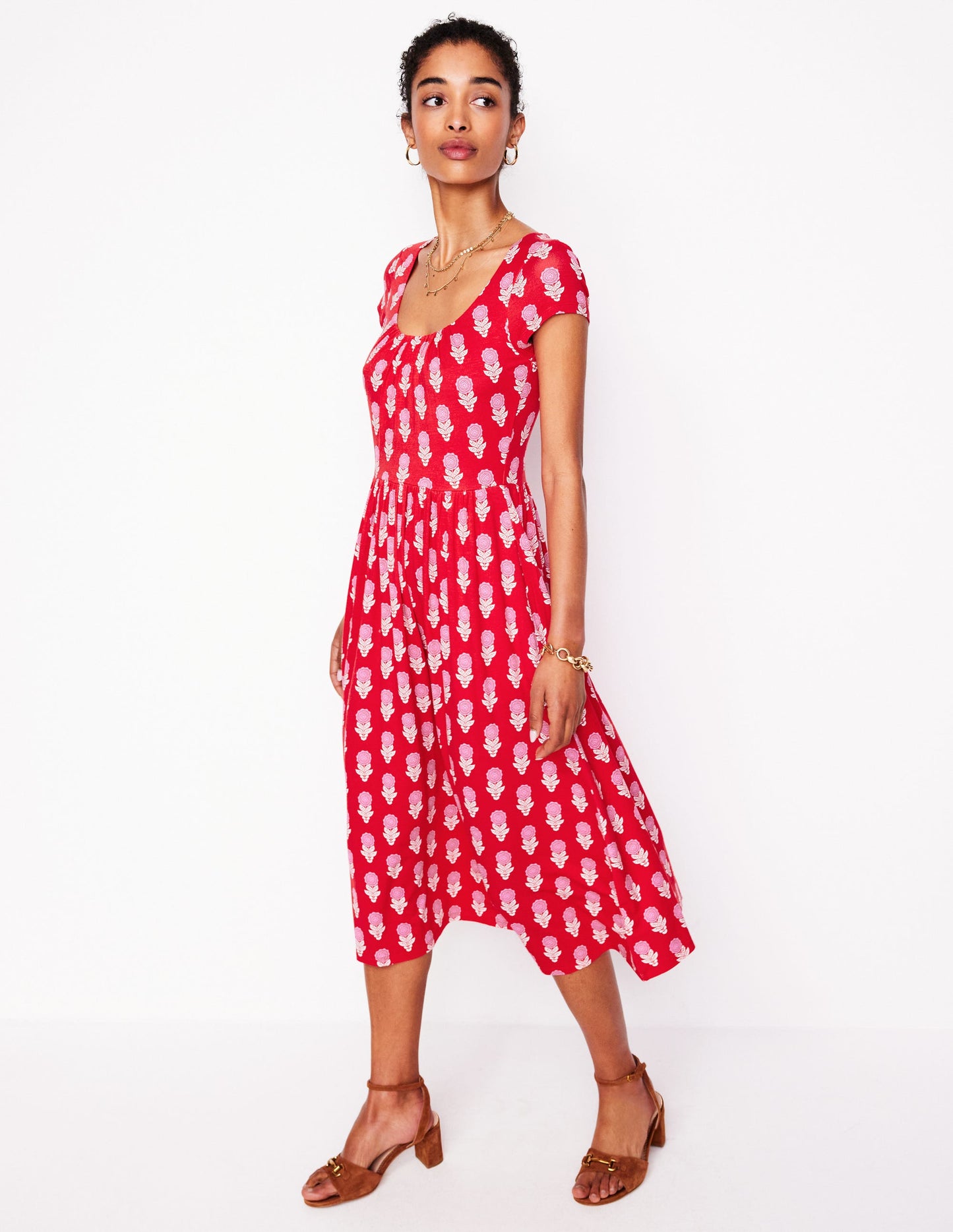 Robe en jersey Samantha à col en U-Rouge coquelicot, motif Dahlia Sprig