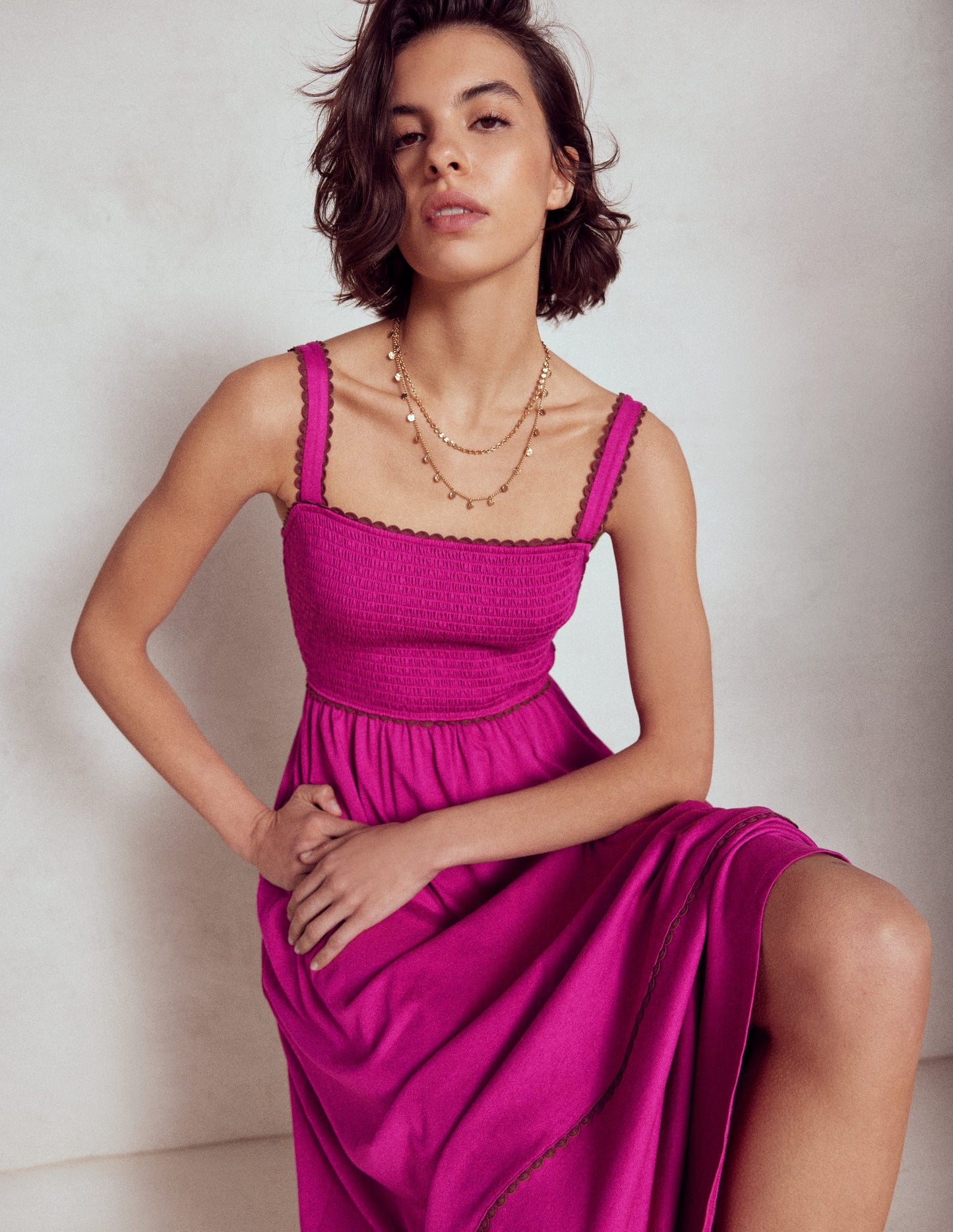 Robe longue à détails smockés-Fuchsia