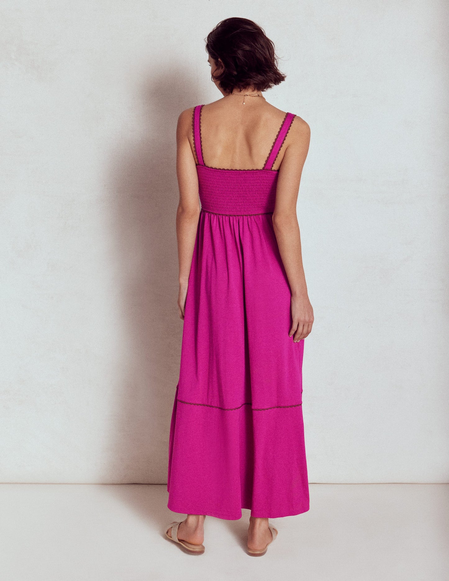 Robe longue à détails smockés-Fuchsia