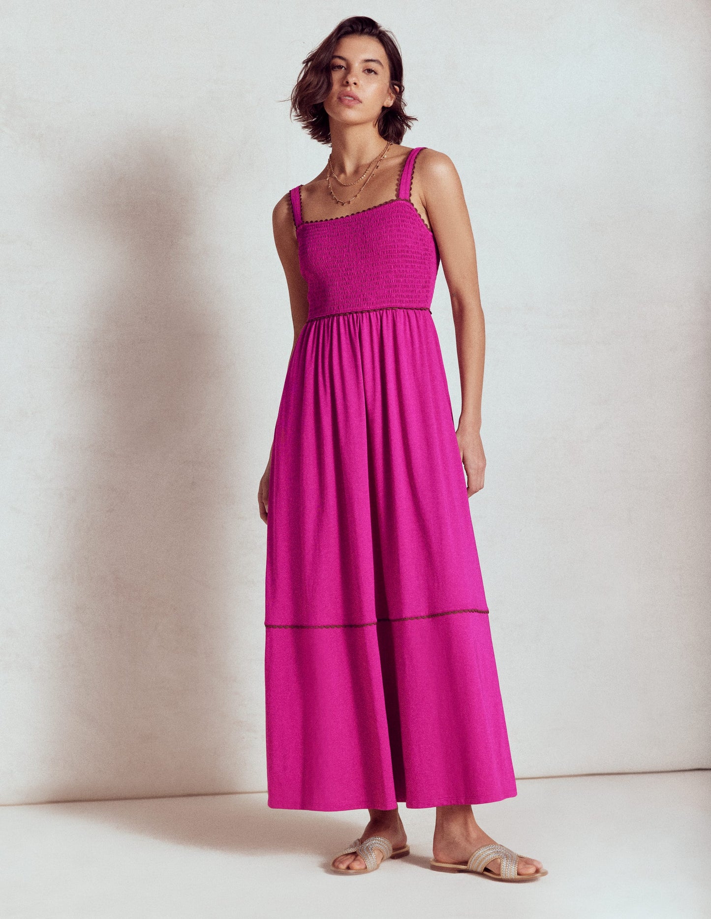 Robe longue à détails smockés-Fuchsia