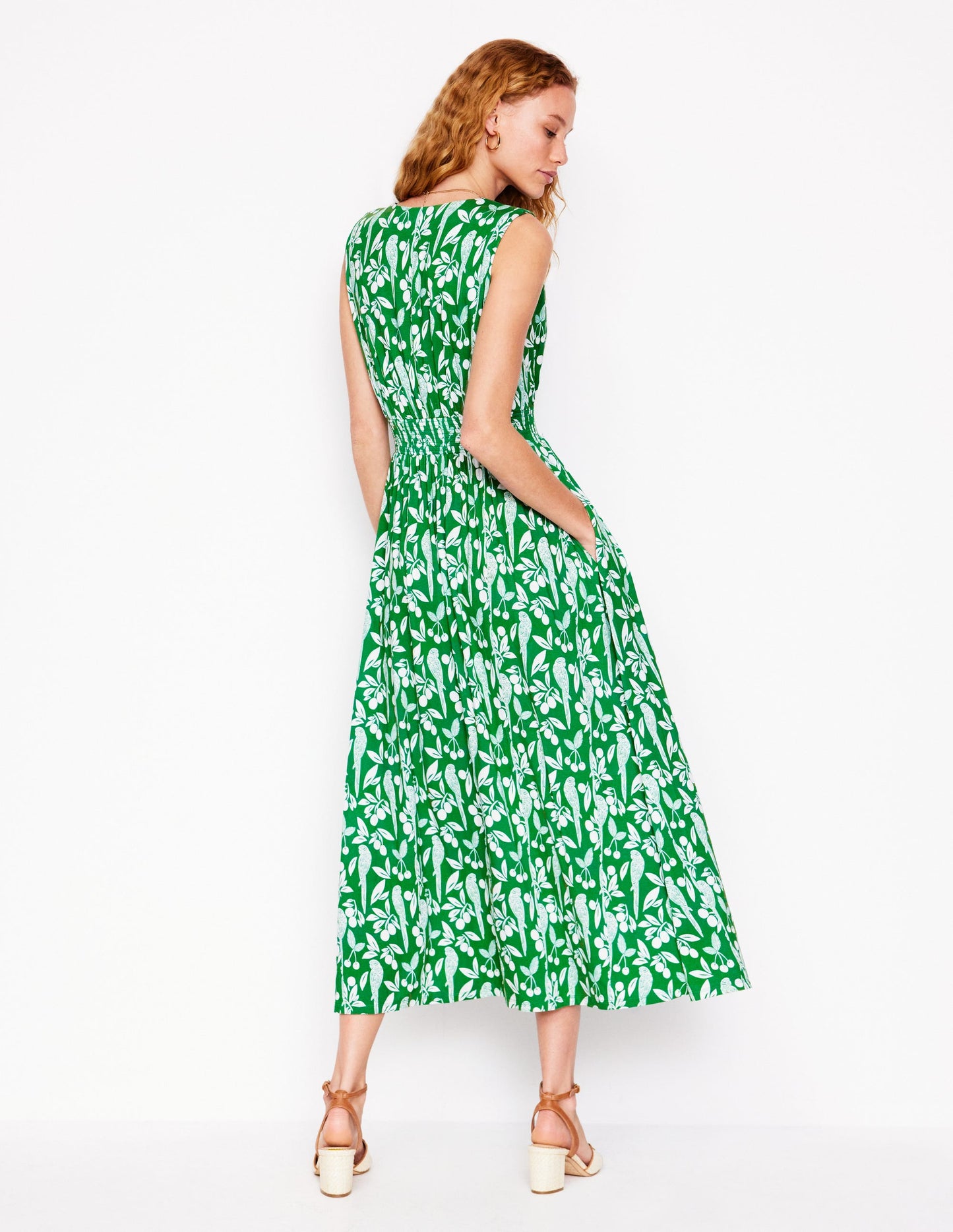 Robe longue Paloma en jersey-Émeraude profond, motif Parrot Pop