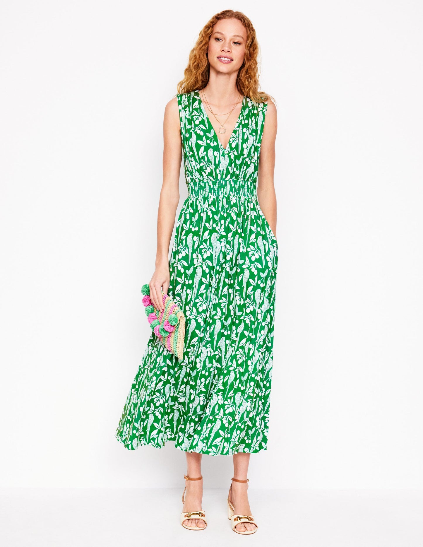 Robe longue Paloma en jersey-Émeraude profond, motif Parrot Pop