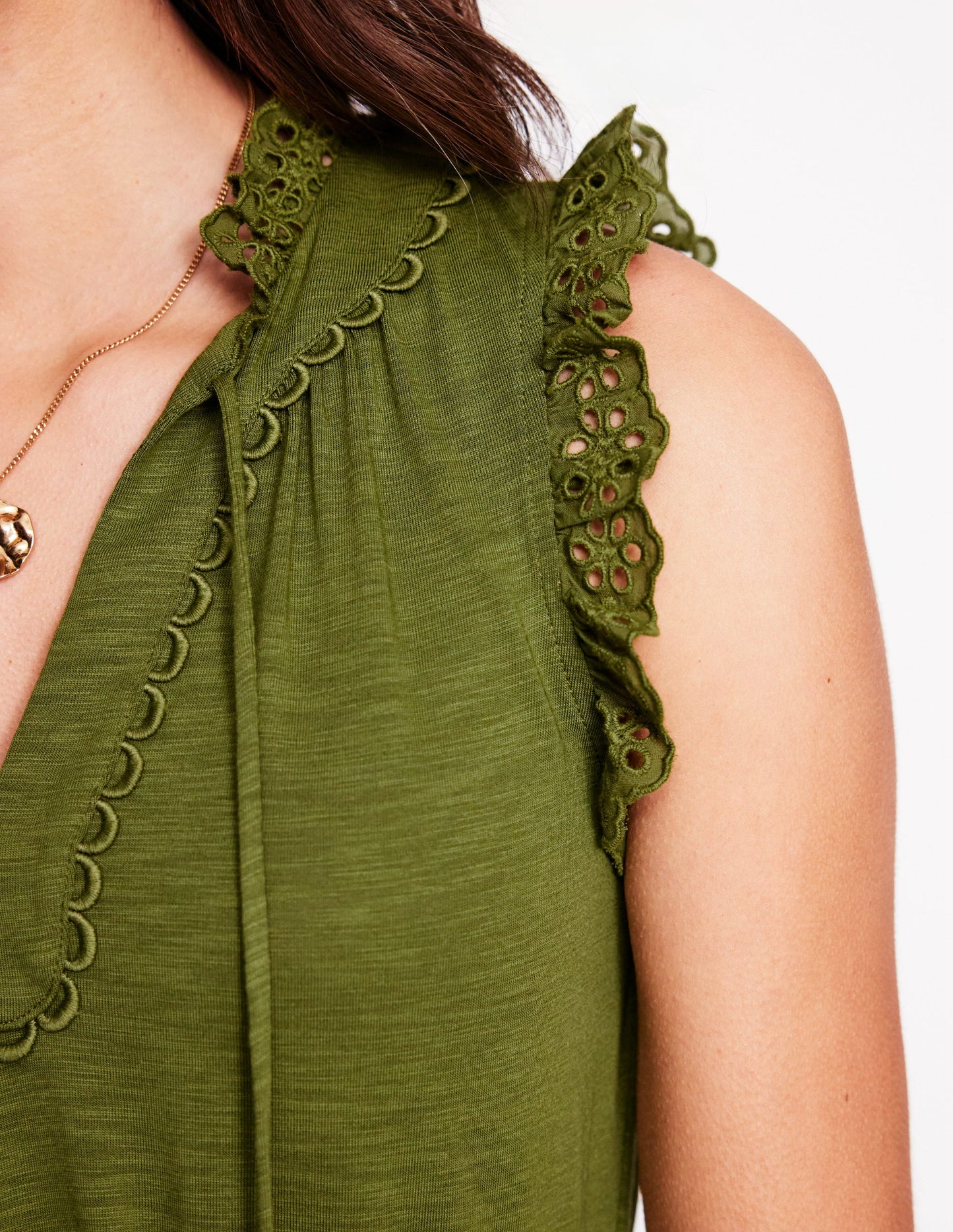 Aria Midikleid mit Lochstickerei-Besatz-Dunkles Olivgrün