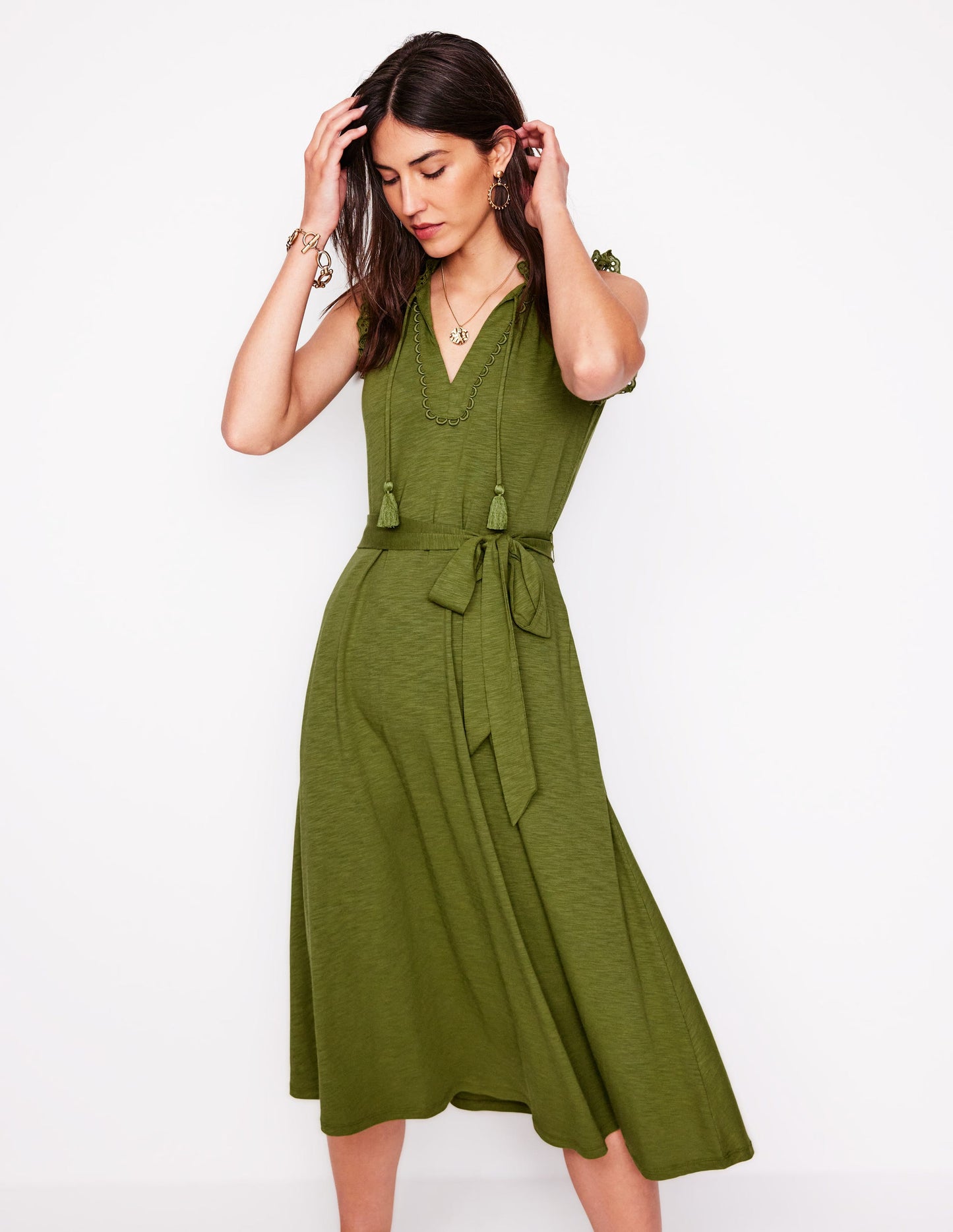 Aria Midikleid mit Lochstickerei-Besatz-Dunkles Olivgrün