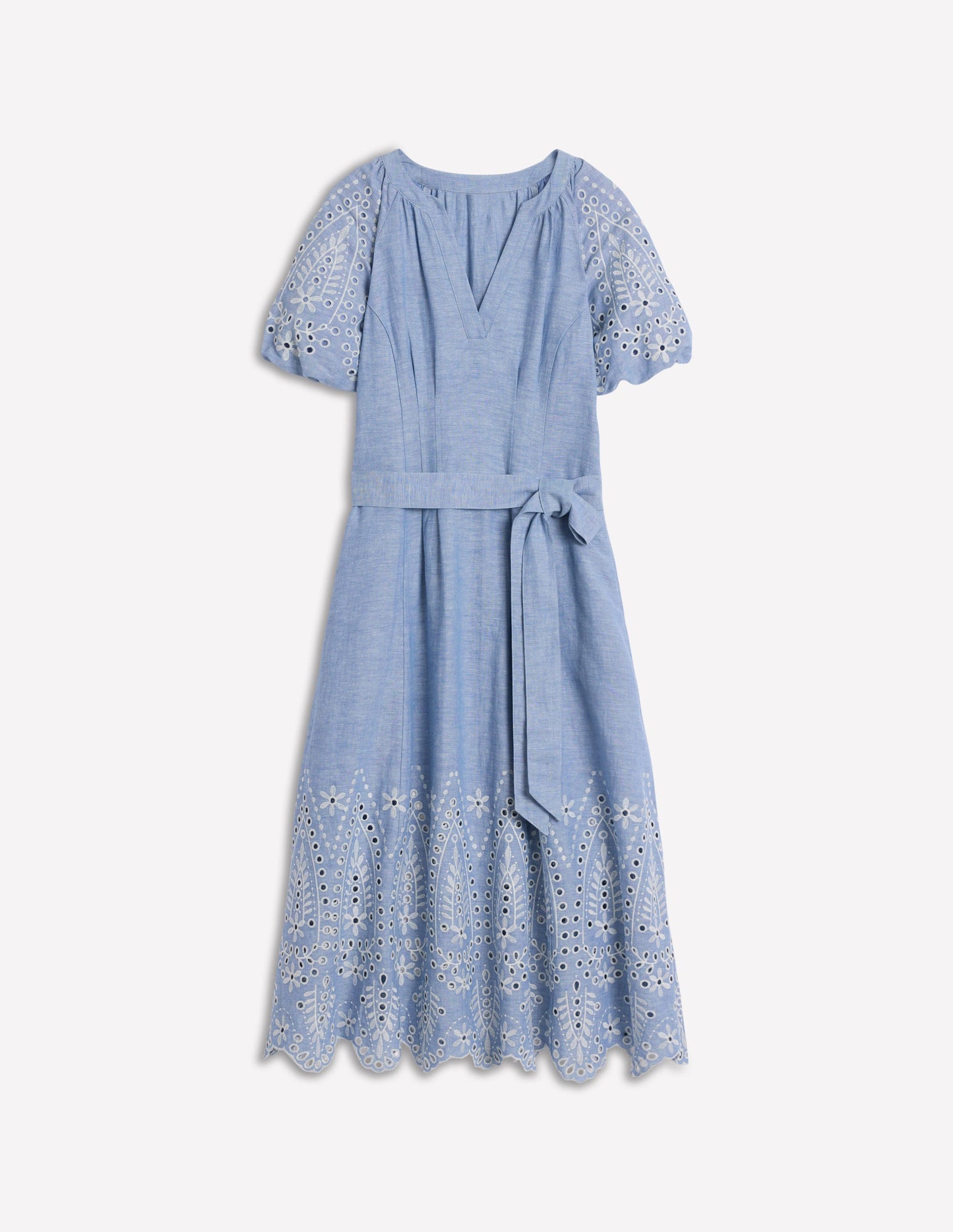 Besticktes Kleid mit Puffärmeln-Graublau Chambray