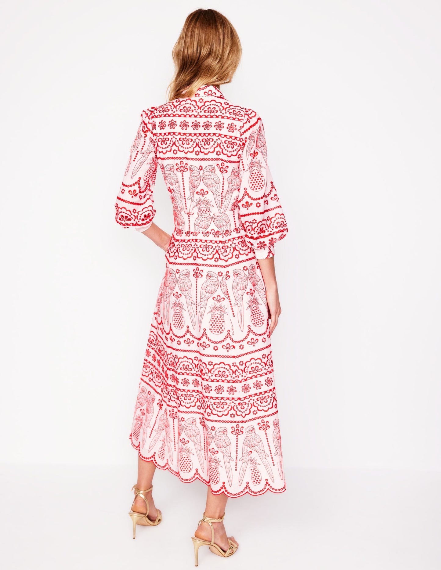 Clara Hemdblusenkleid mit Lochstickerei-Mohnblumenrot, Papageien-Lockstickerei
