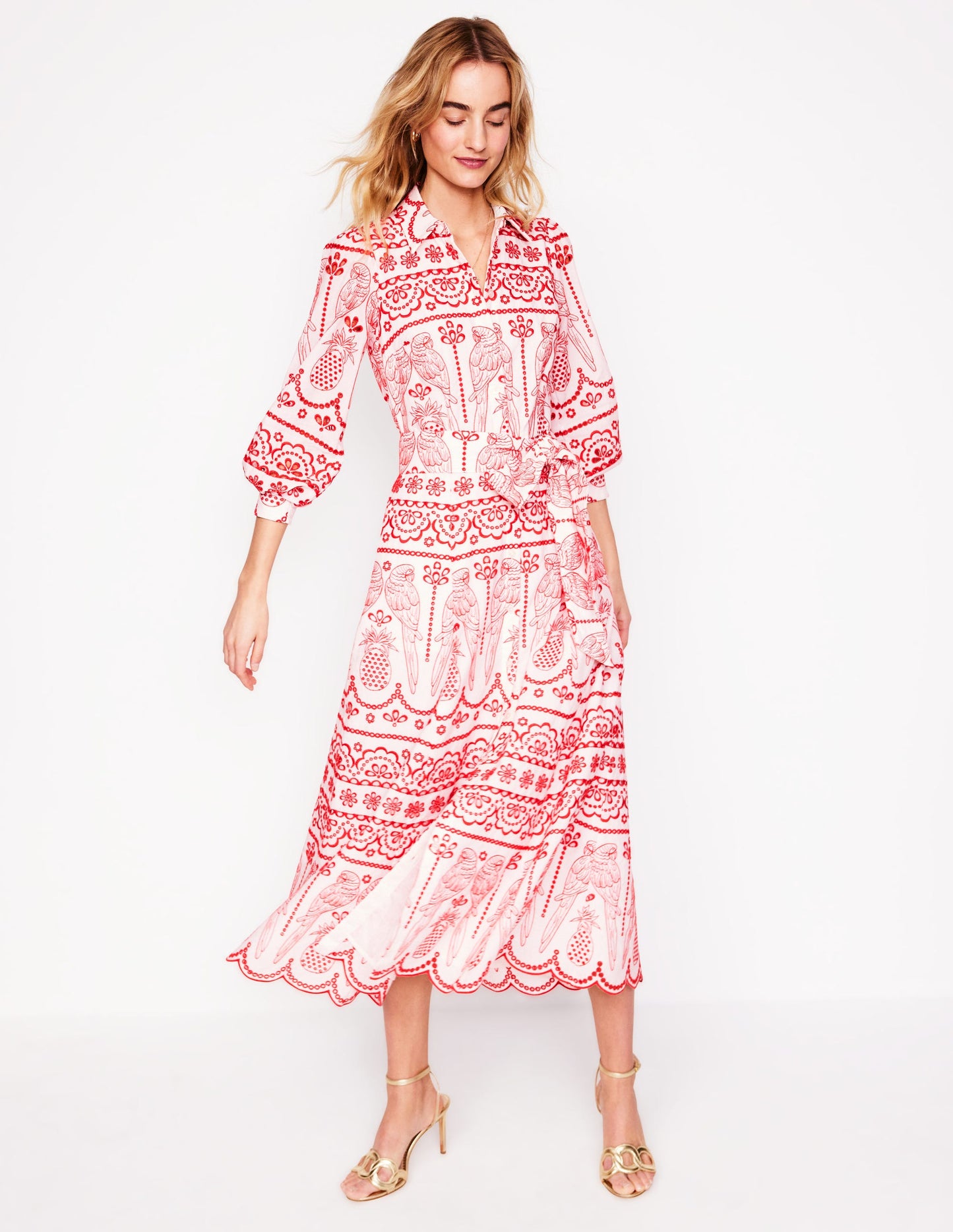 Clara Hemdblusenkleid mit Lochstickerei-Mohnblumenrot, Papageien-Lockstickerei