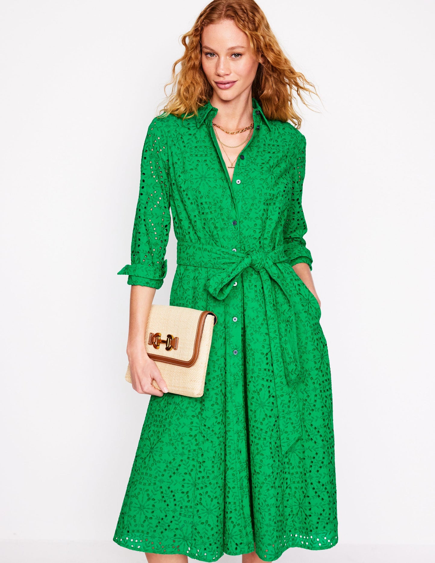 Robe-chemise midi Amy à broderie anglaise-Émeraude Intense