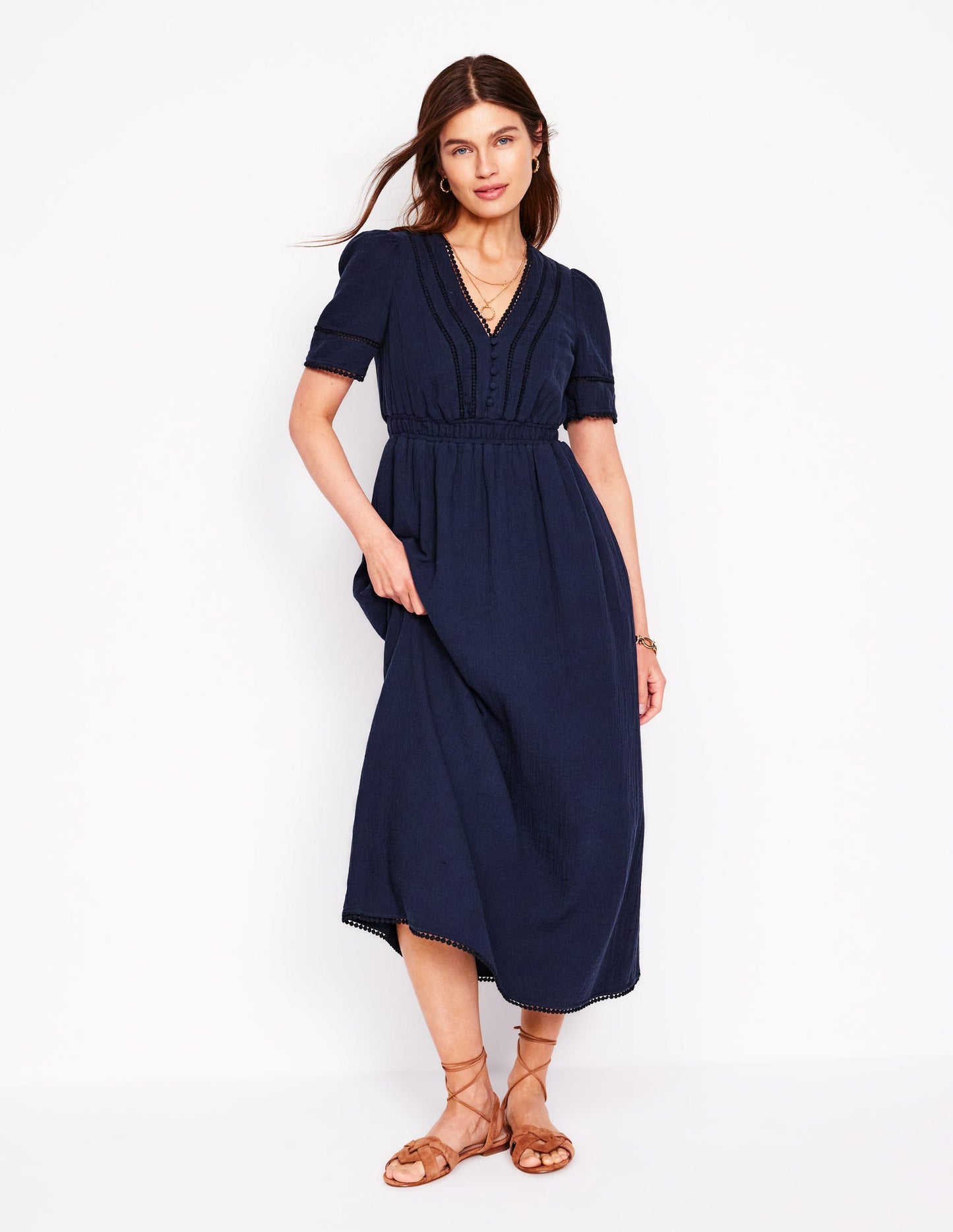 Doppeltuch-Kleid mit Besatz-Marineblau