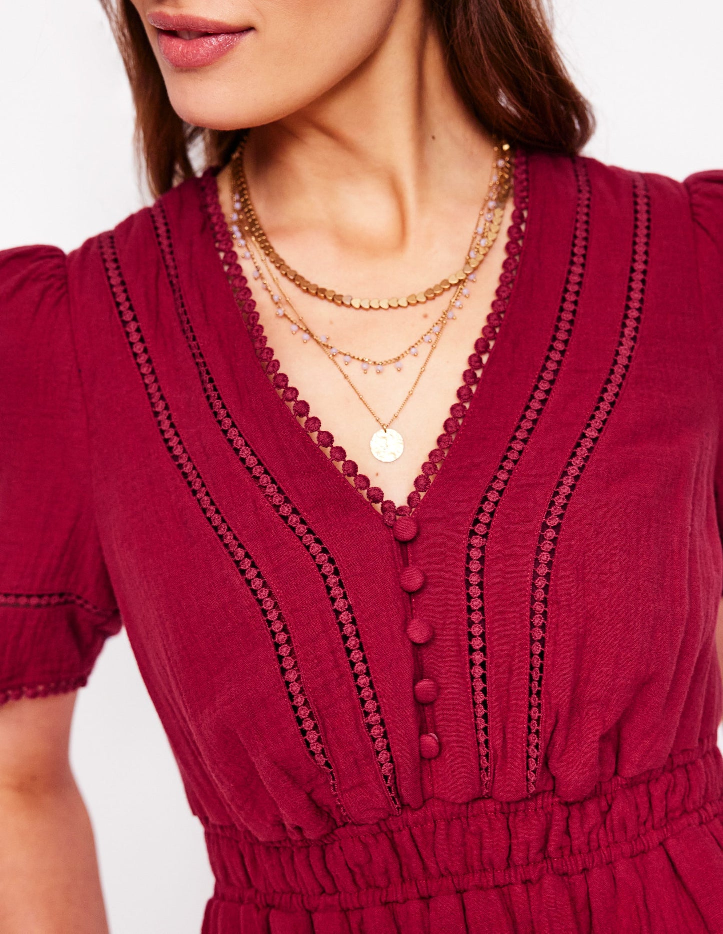 Doppeltuch-Kleid mit Besatz-Granatrot