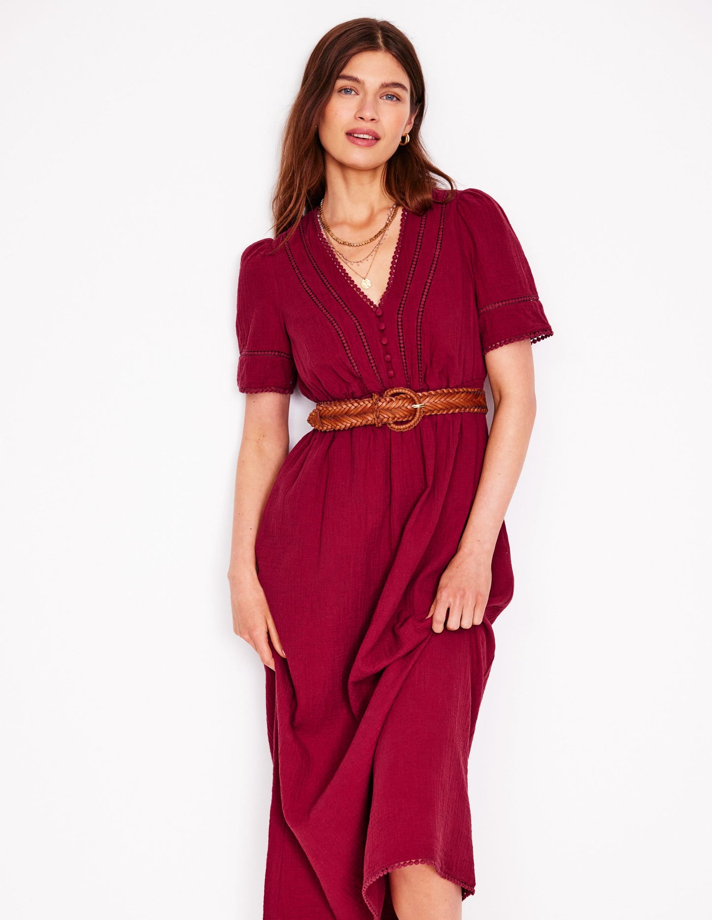 Doppeltuch-Kleid mit Besatz-Granatrot