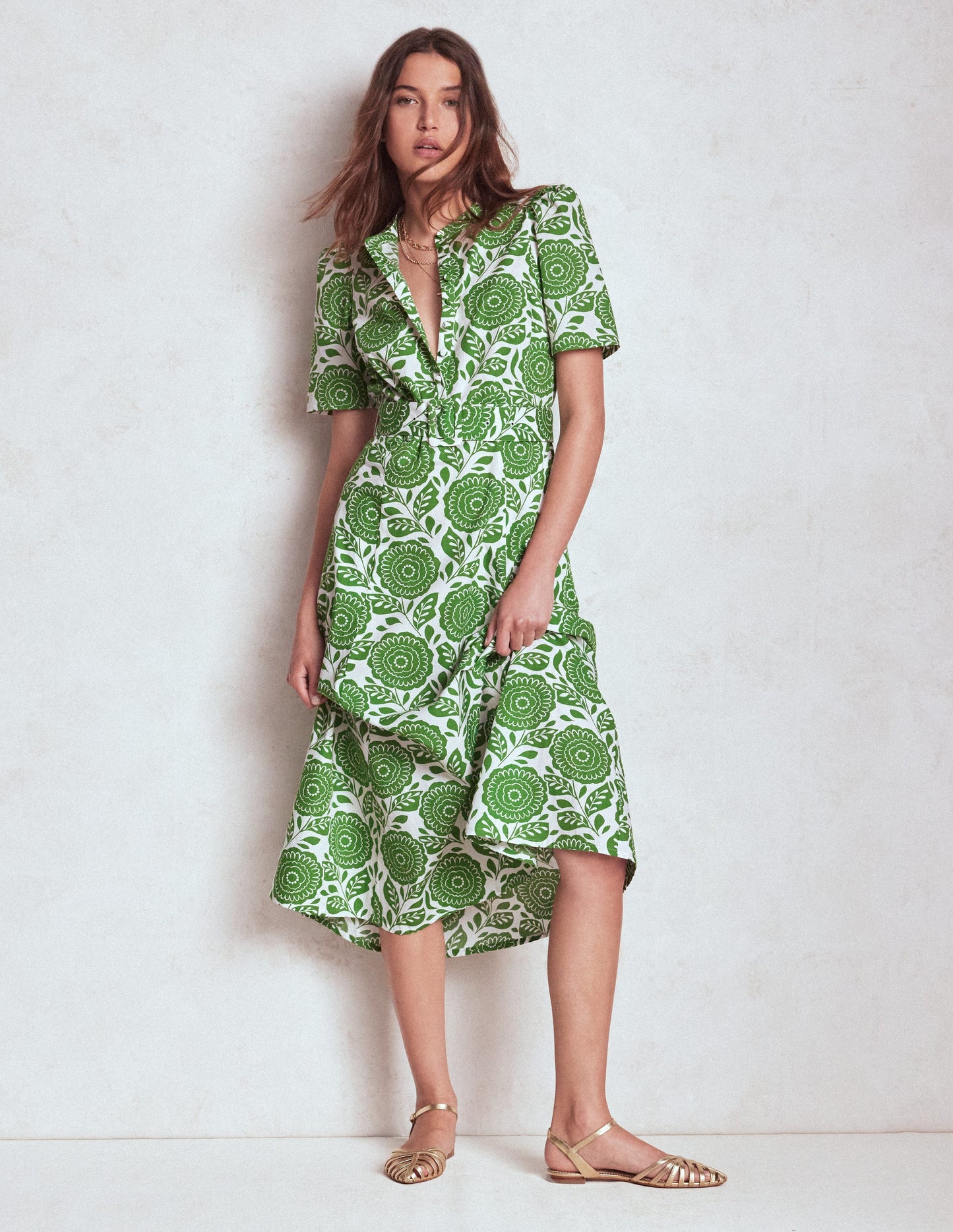 Kate Kleid mit Puffärmeln und Gürtel-Paradiesgrün, Dahlienstempel
