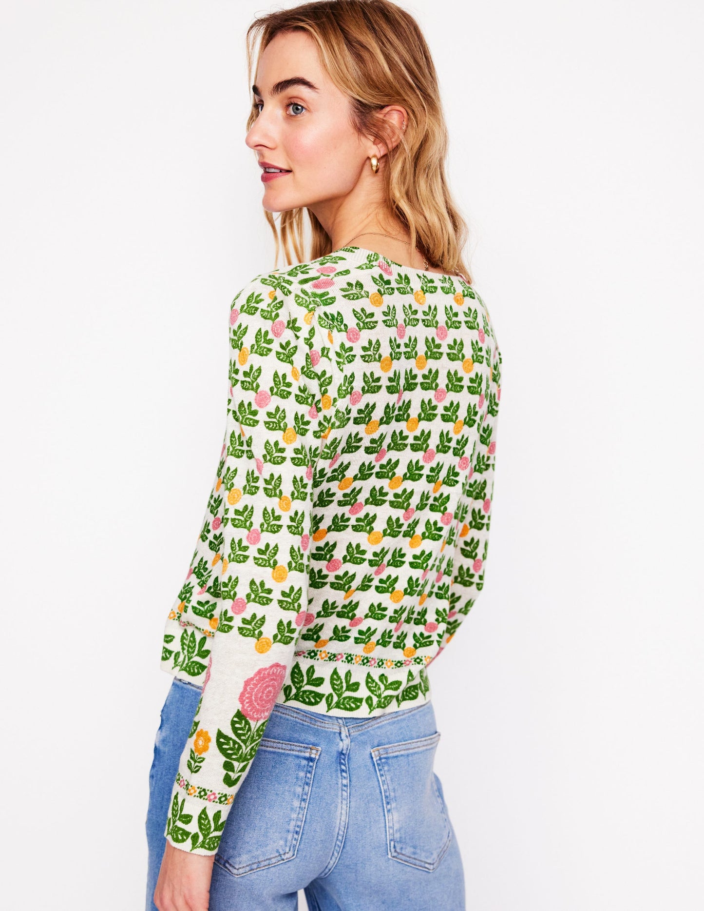 Liv Strickjacke aus Leinen mit V-Ausschnitt-Warmes Naturweiß, Dahliengarten