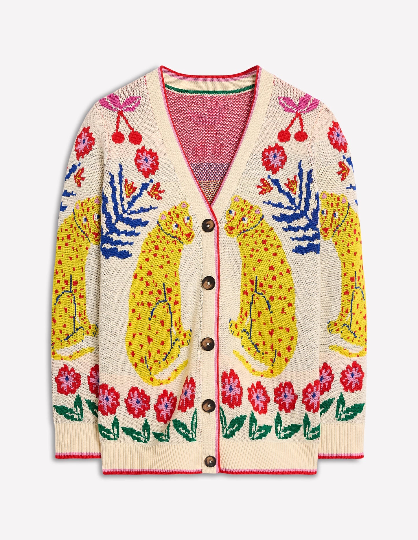 Jacquard-Strickjacke im Boyfriend-Stil-Warmes Naturweiß, Leopard