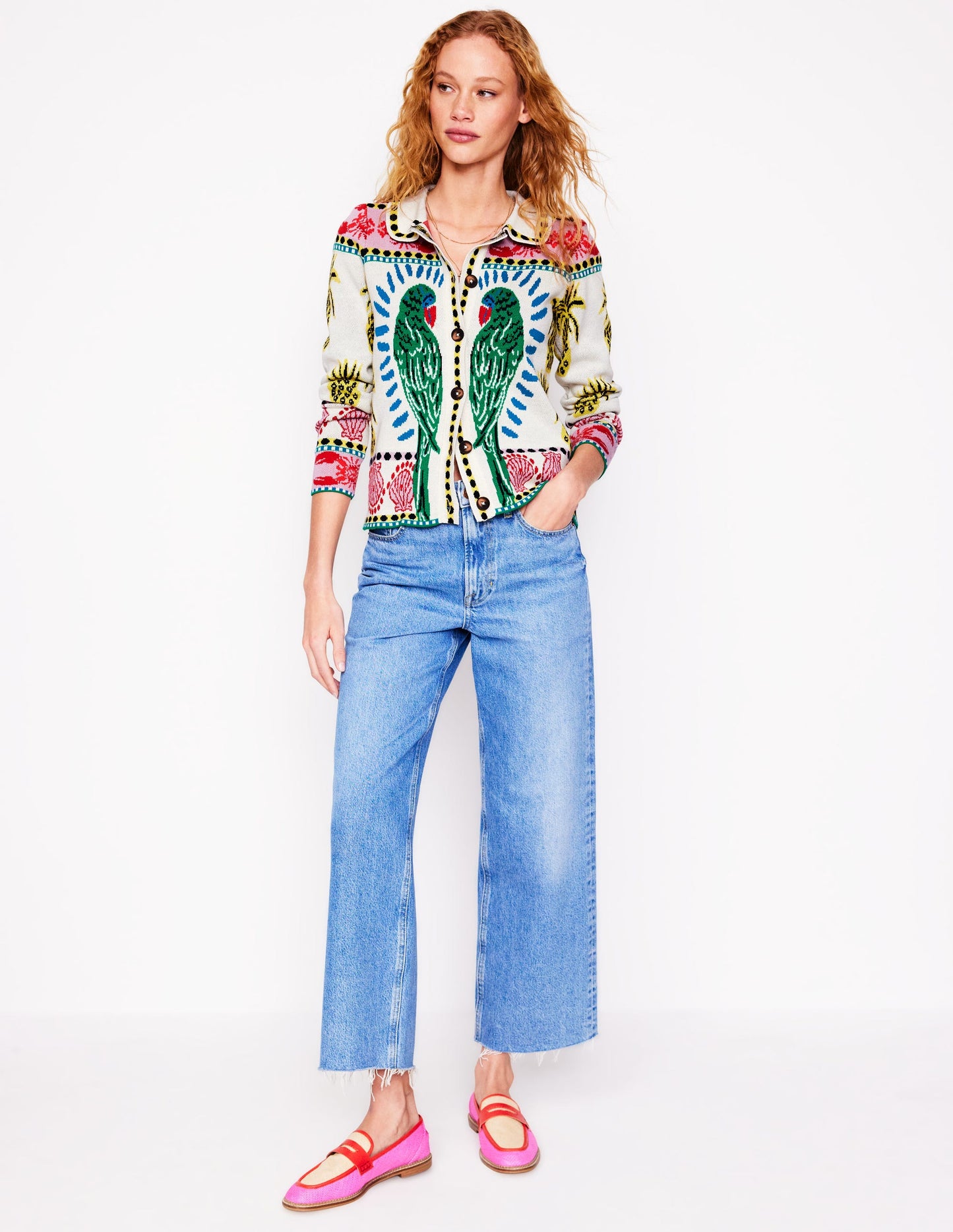 Jacquard Knitted Shacket-Warm Ivory, Tropical Bonanza