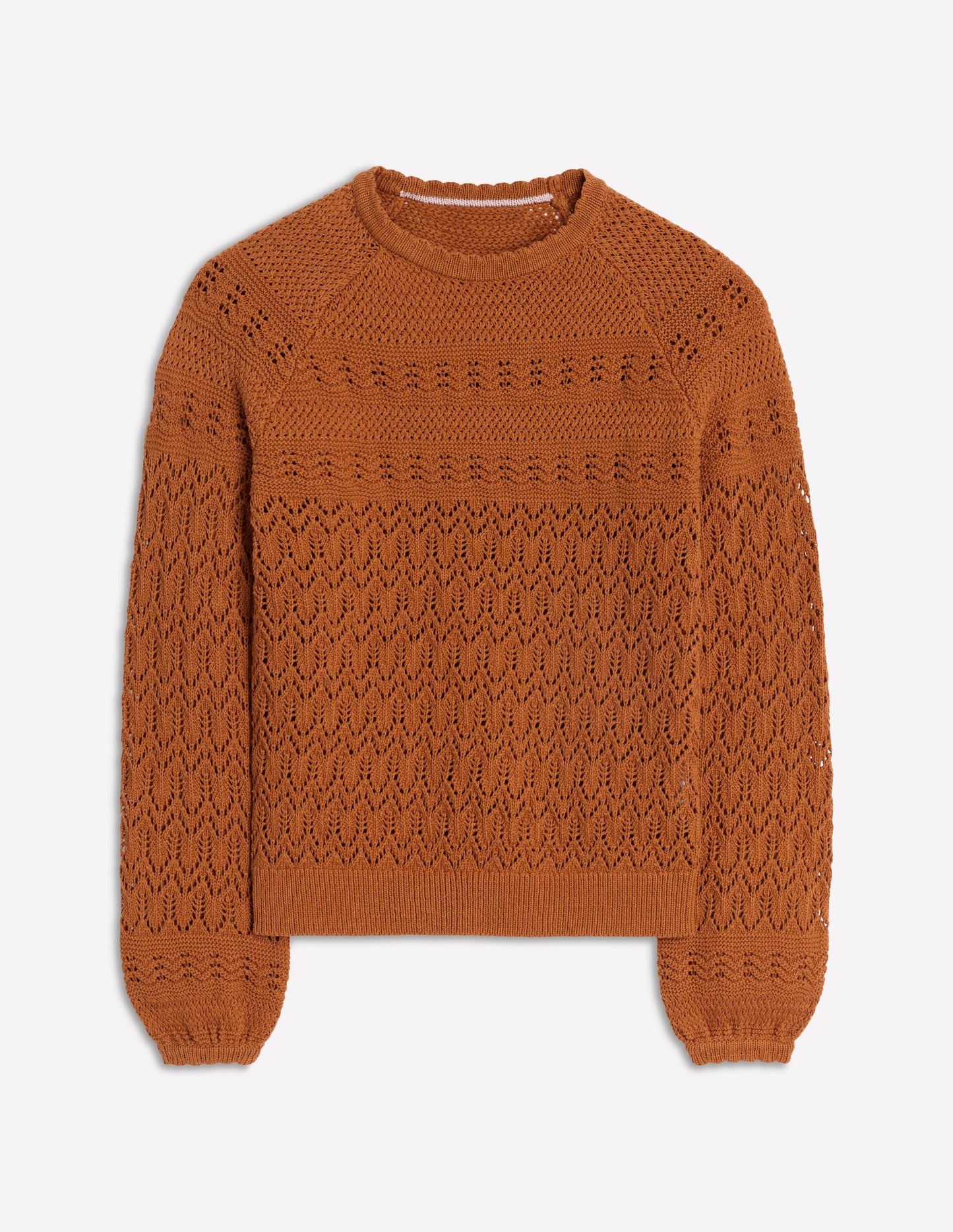 Baumwollstrickpullover mit Ziernaht und Rundhalsausschnitt-Kupferbraun