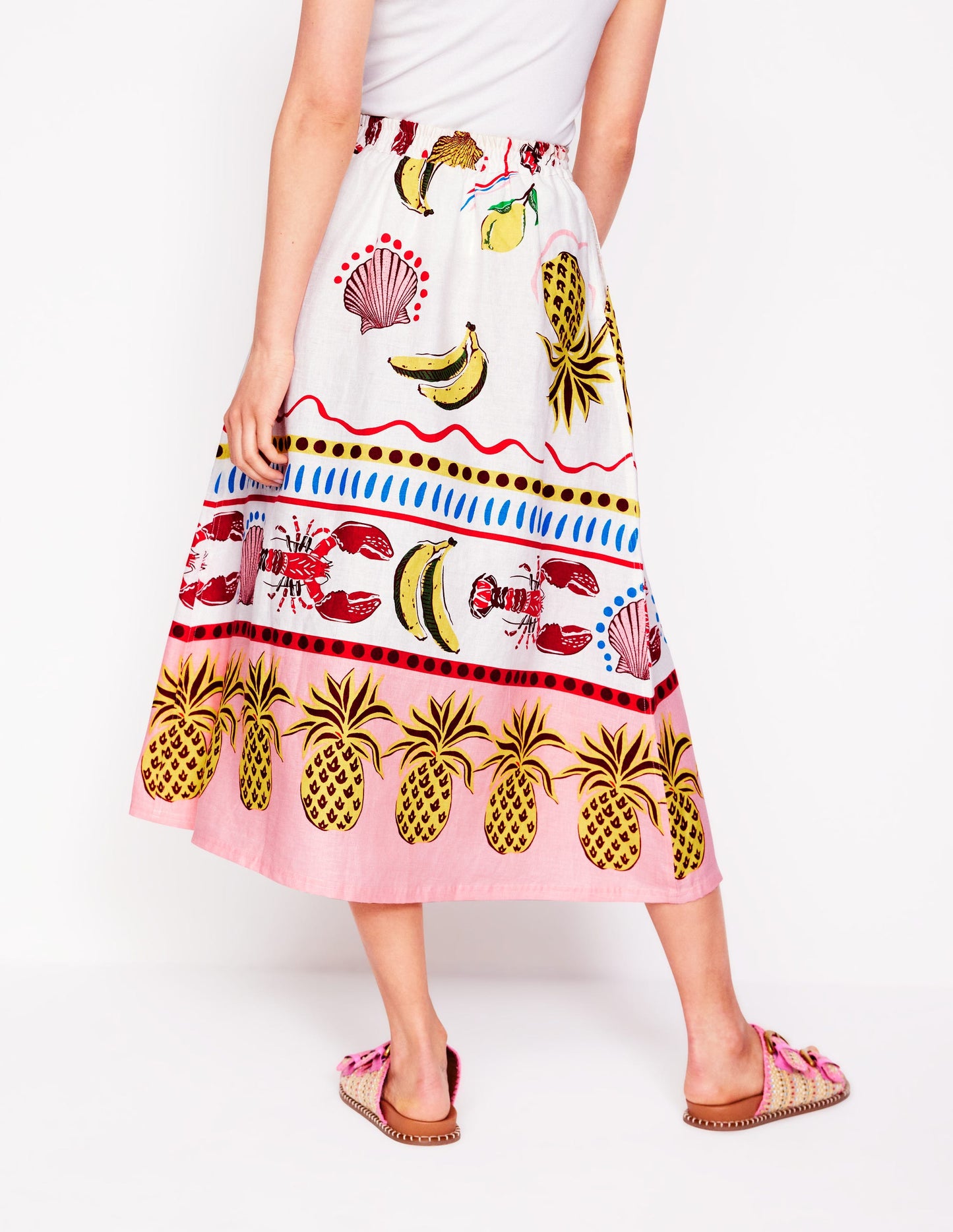 Jupe midi Verity en lin-Multi, motif Tropical Bonanza