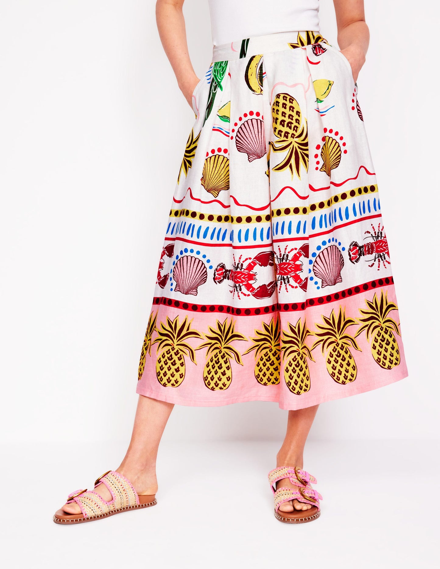 Jupe midi Verity en lin-Multi, motif Tropical Bonanza