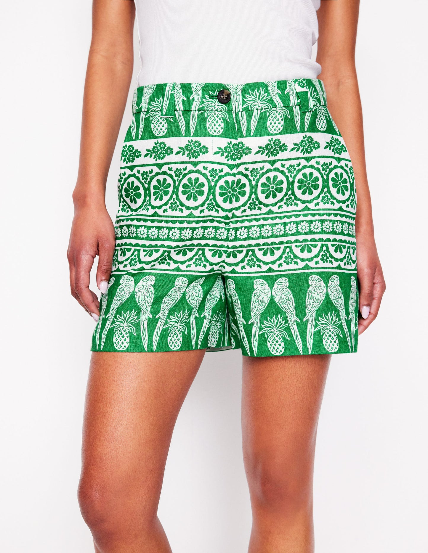 Westbourne Kurze Hose aus Leinen-Smaragdgrün, Tropenornament