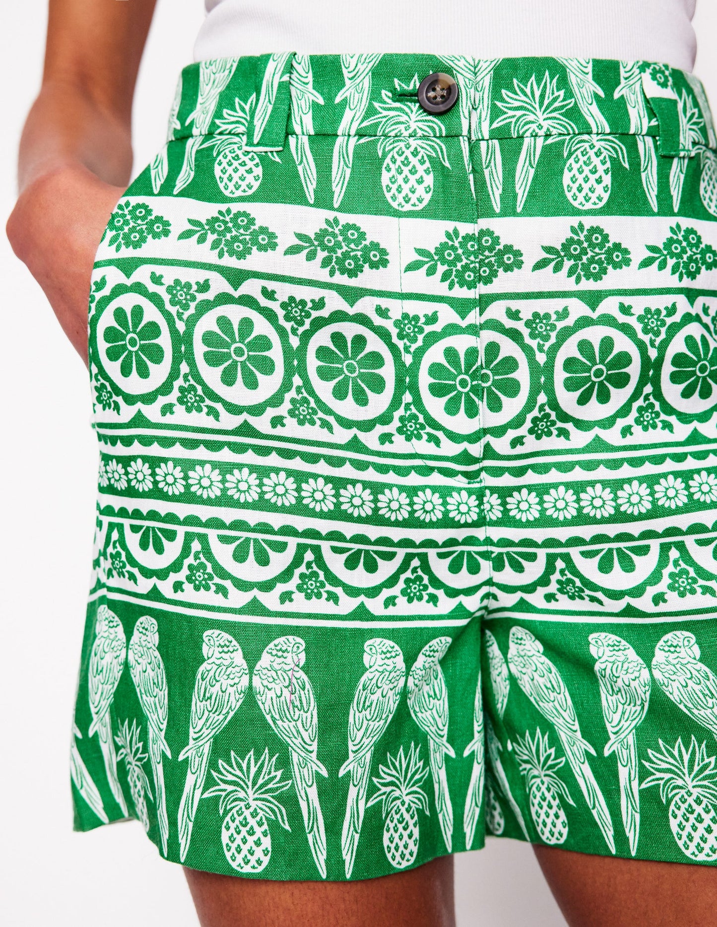 Westbourne Kurze Hose aus Leinen-Smaragdgrün, Tropenornament