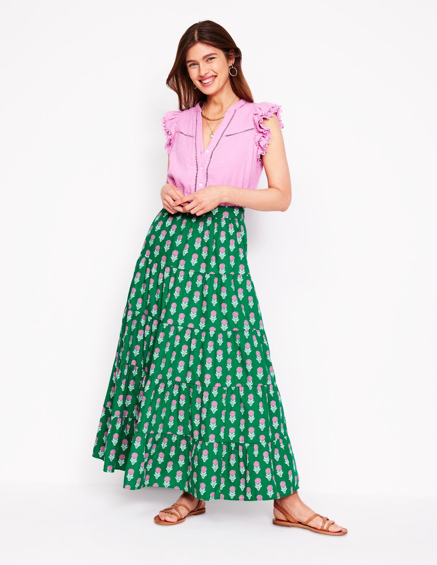 Jupe longue Nadia en popeline-Timbre vert, motif Dahlia Sprig