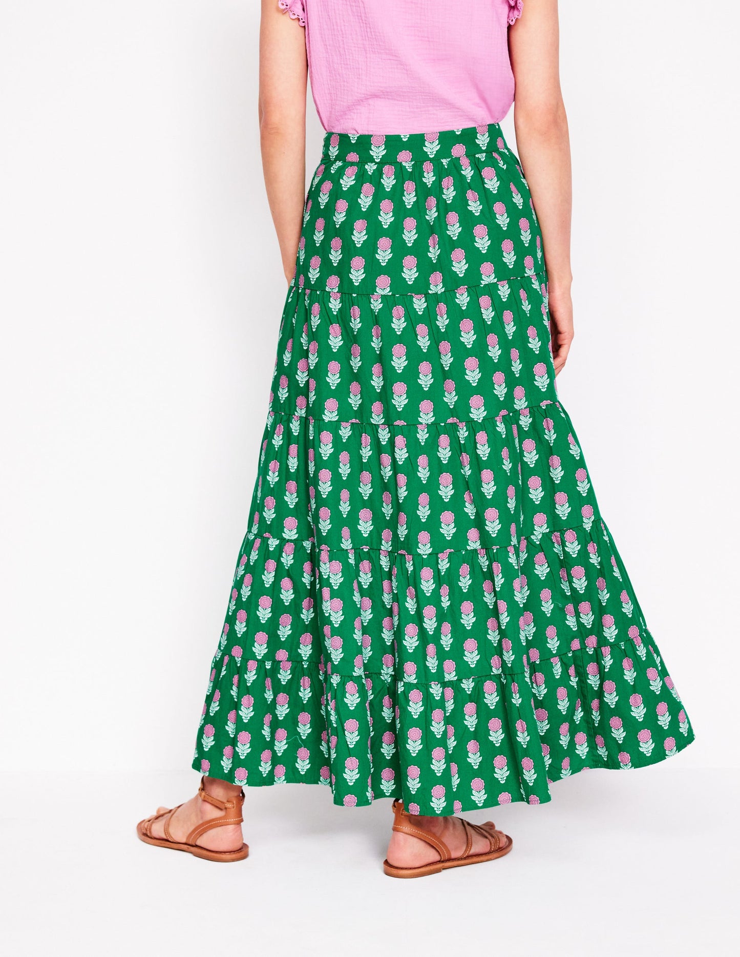 Jupe longue Nadia en popeline-Timbre vert, motif Dahlia Sprig