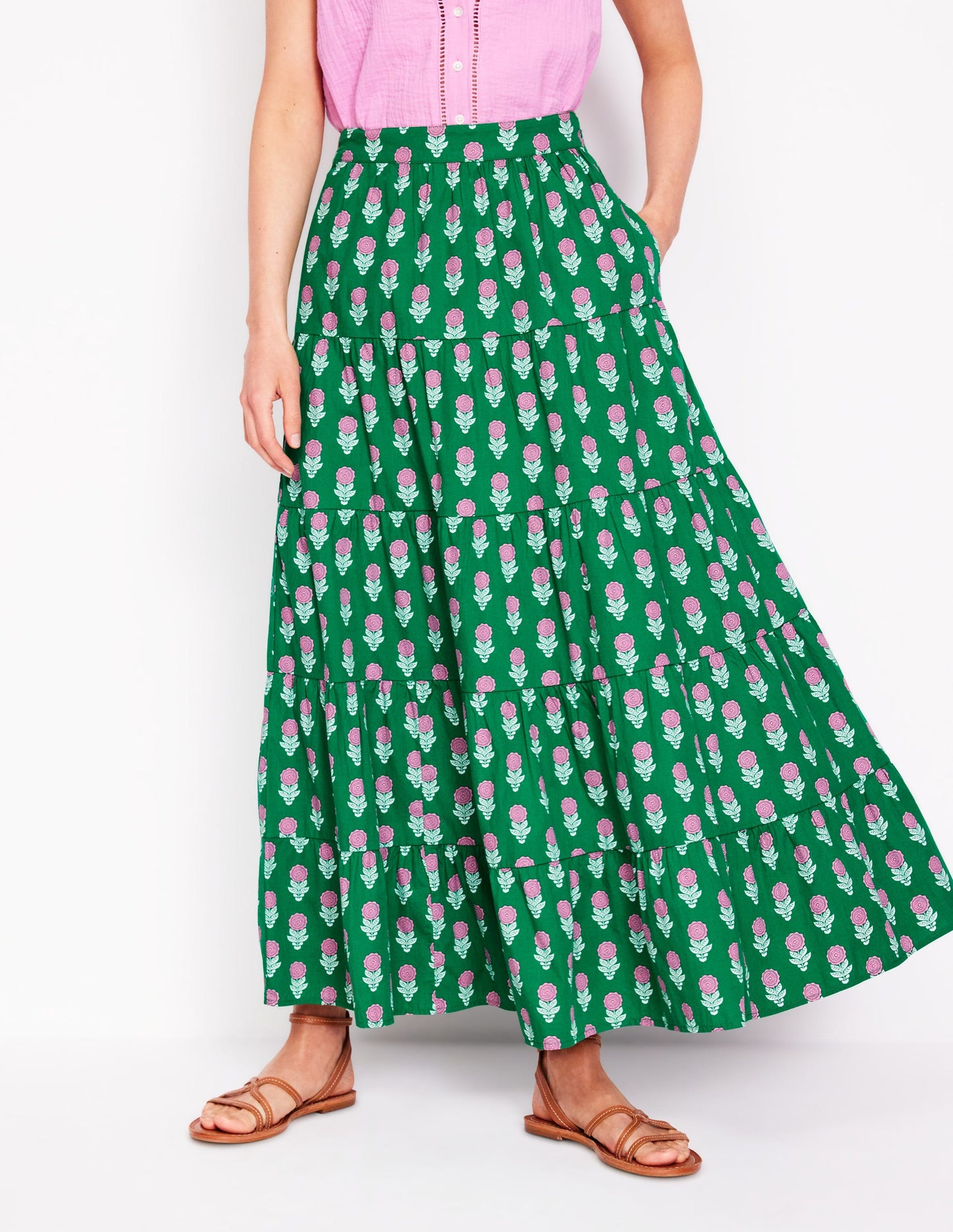 Jupe longue Nadia en popeline-Timbre vert, motif Dahlia Sprig