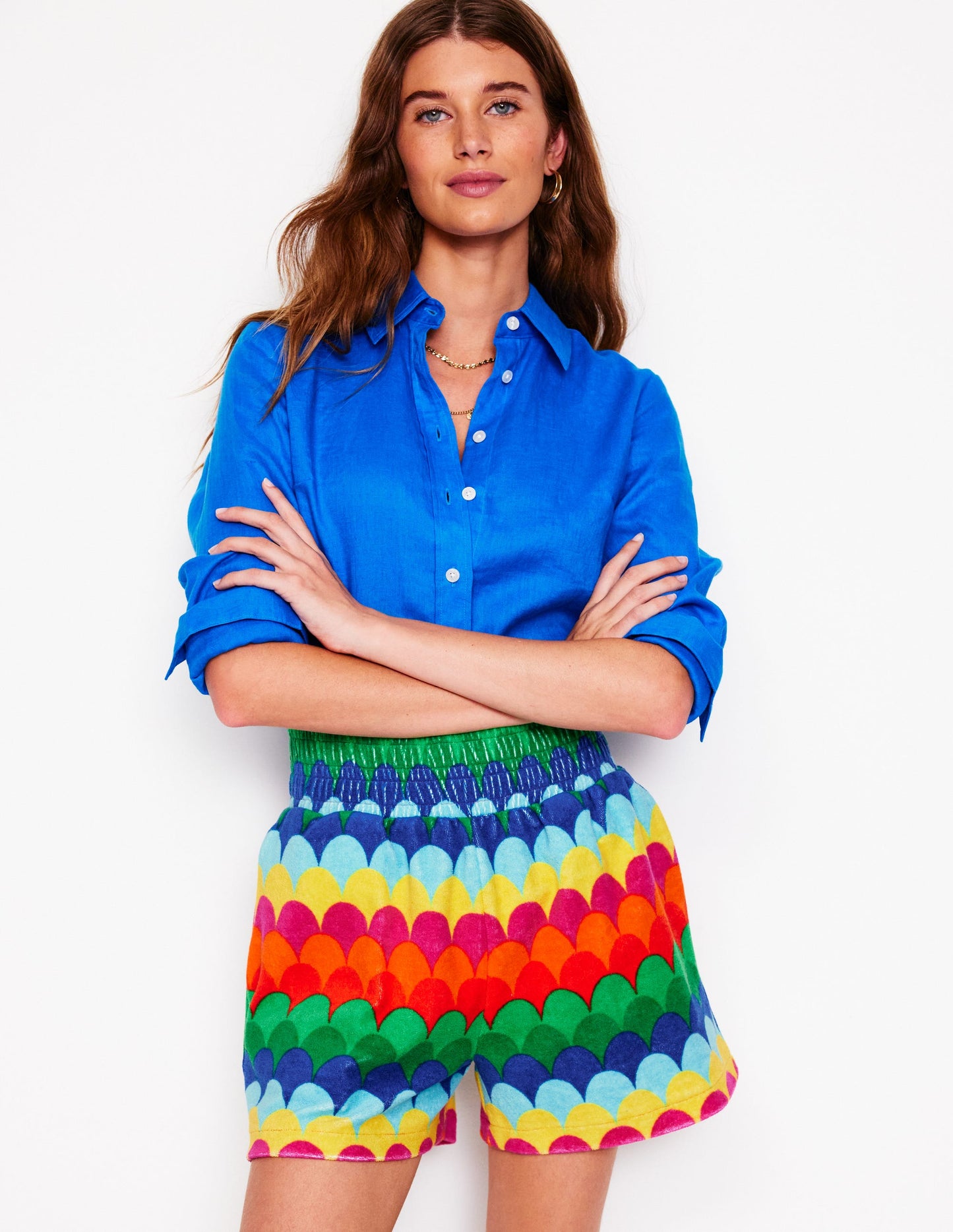 Short en éponge smocké-Multi, rayé festonné