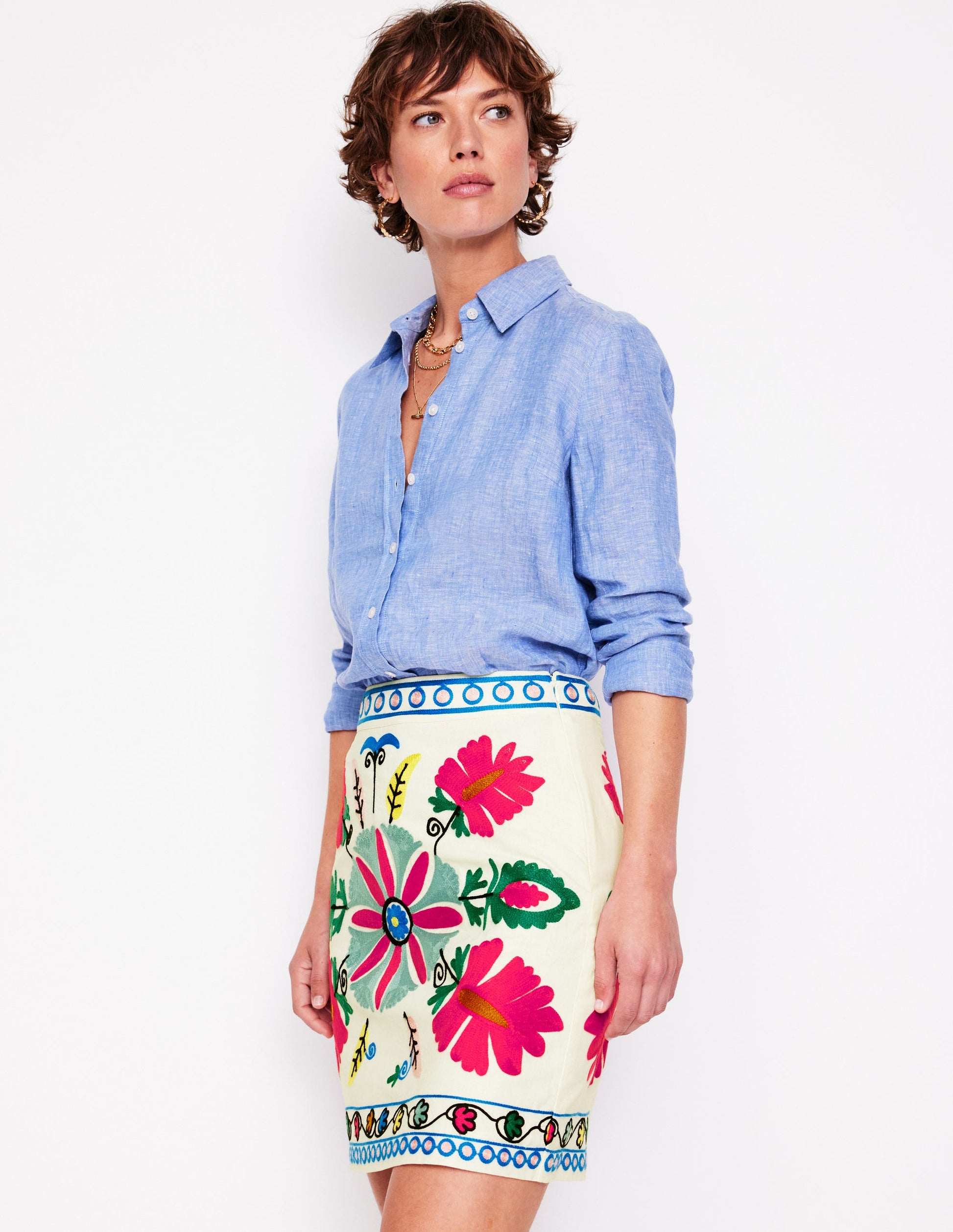 Aline Embroidered Linen Skirt-Ivory Embroidery-1