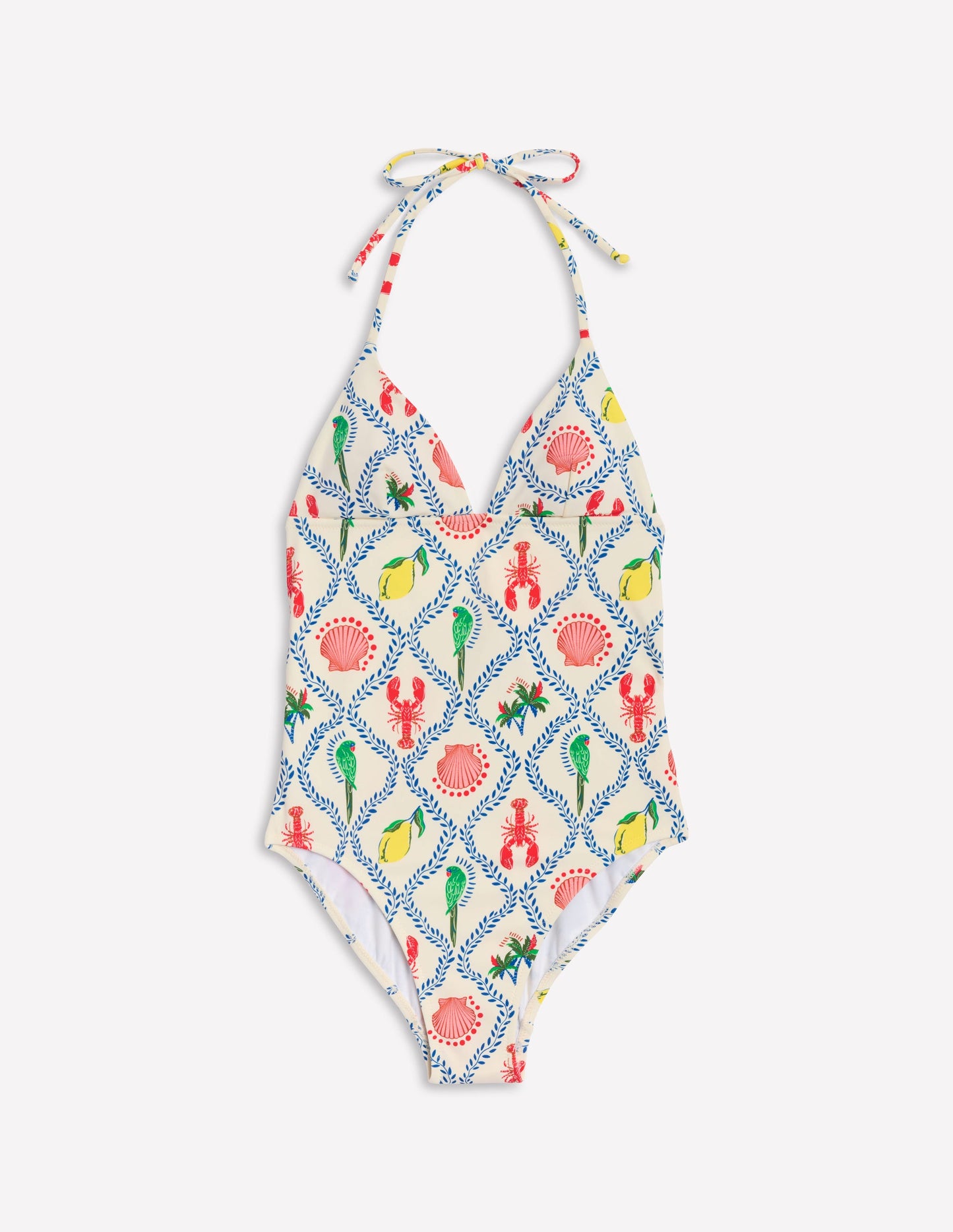 Symi Badeanzug zum Binden-Naturweiß, Tropical Bonanza-Motiv