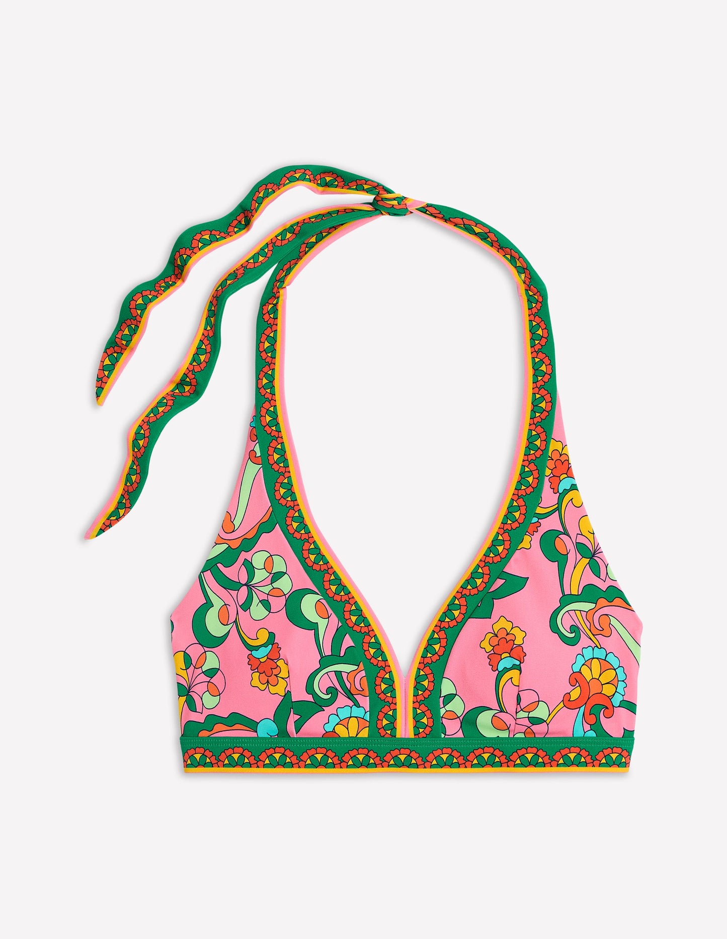Ios Bikinioberteil mit V-Design-Rosarot, Kaskadenartige Blumenornamente