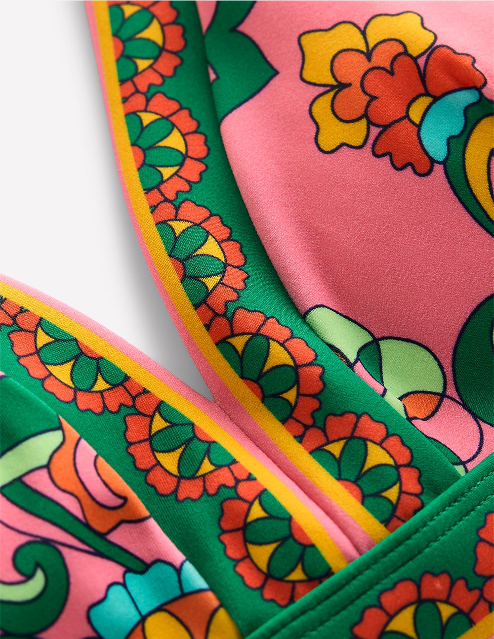 Ios Bikinioberteil mit V-Design-Rosarot, Kaskadenartige Blumenornamente