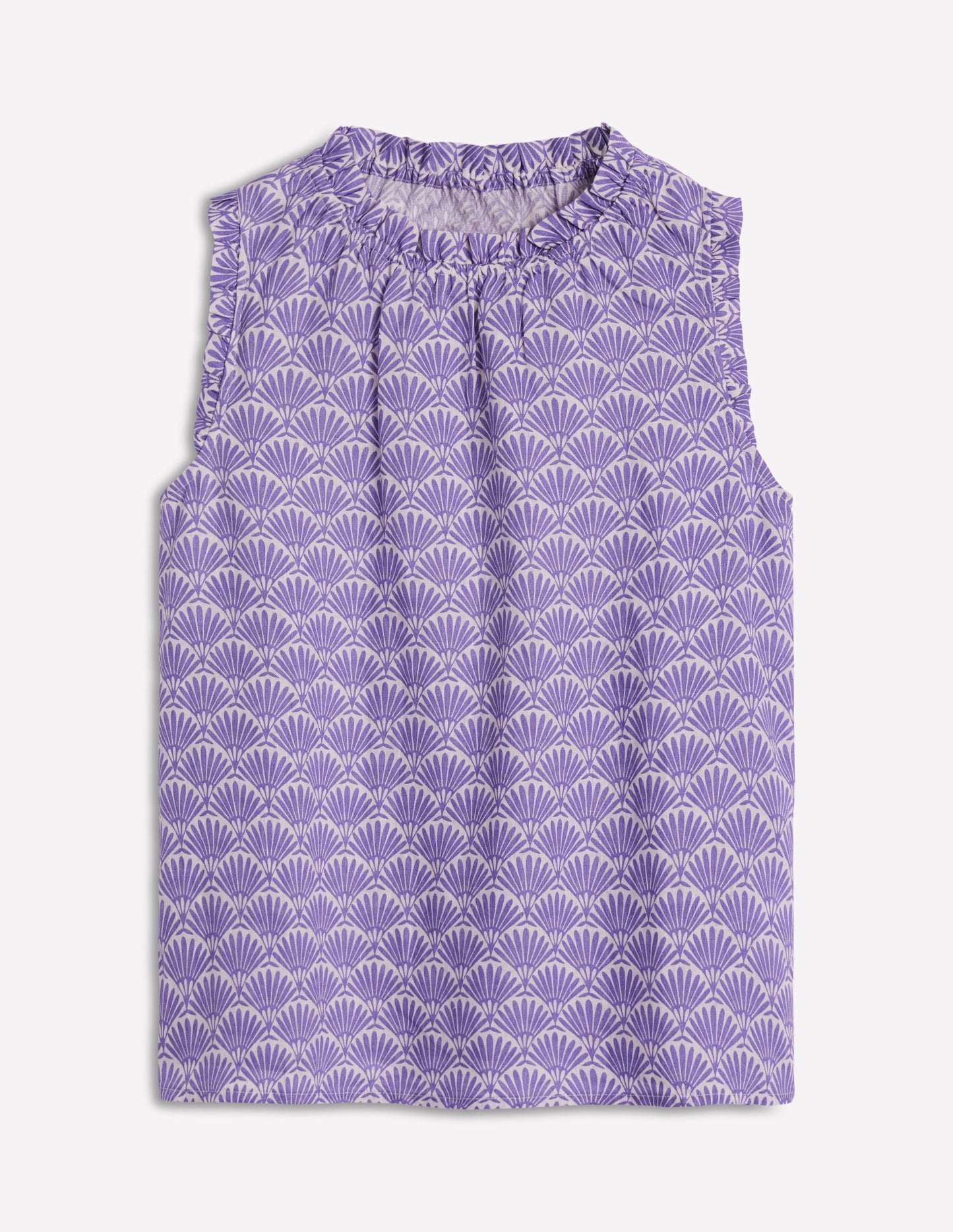 Top Sophie en lin à volants-Violet, motif Deco Palm