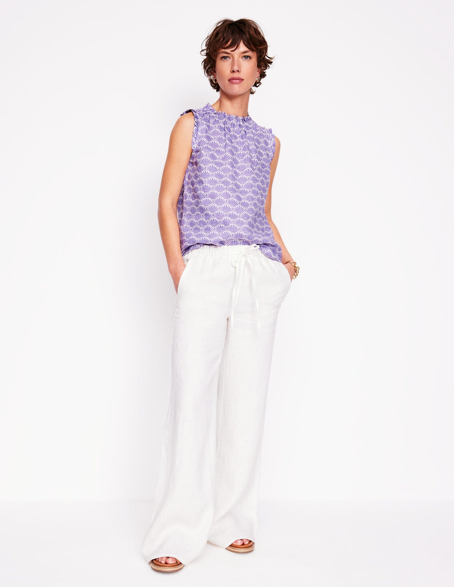 Top Sophie en lin à volants-Violet, motif Deco Palm