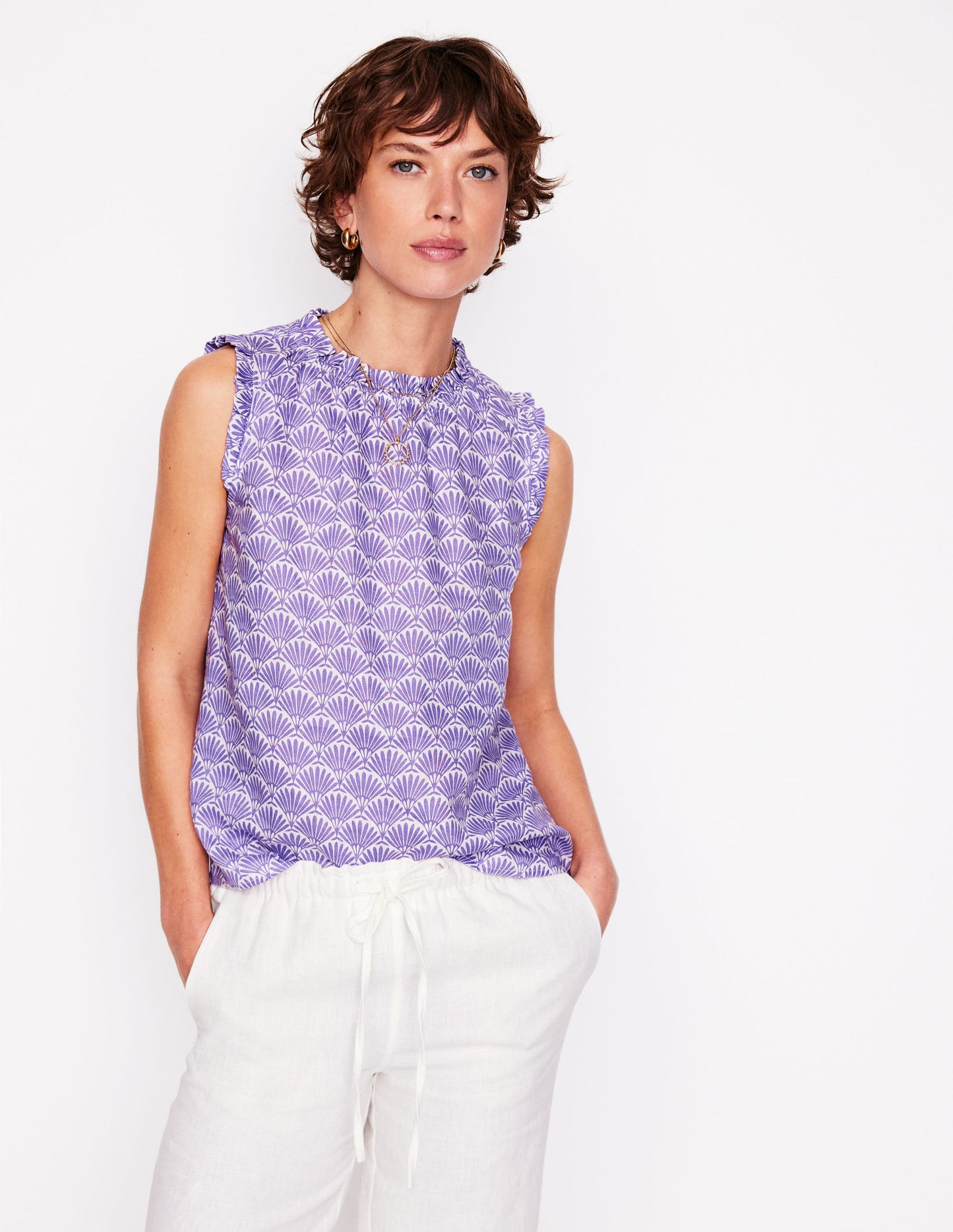 Top Sophie en lin à volants-Violet, motif Deco Palm