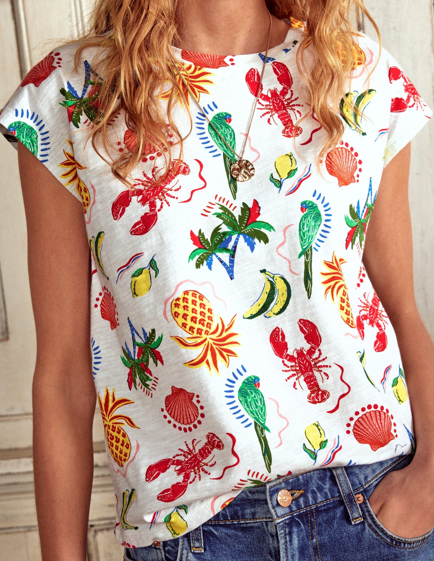 T-shirt flammé imprimé-Ivoire, motif Tropical Bonanza