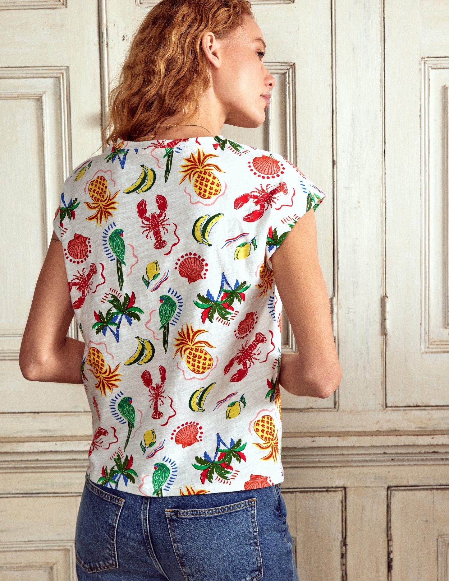T-shirt flammé imprimé-Ivoire, motif Tropical Bonanza