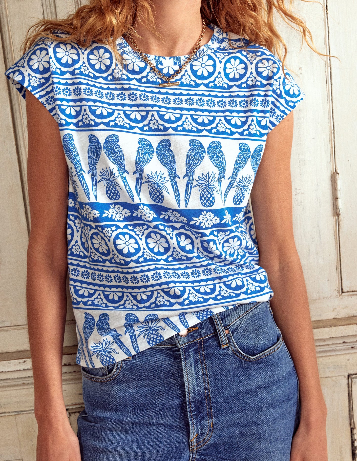 T-shirt flammé imprimé-Bleu céruléen, motif Ornate Tropic