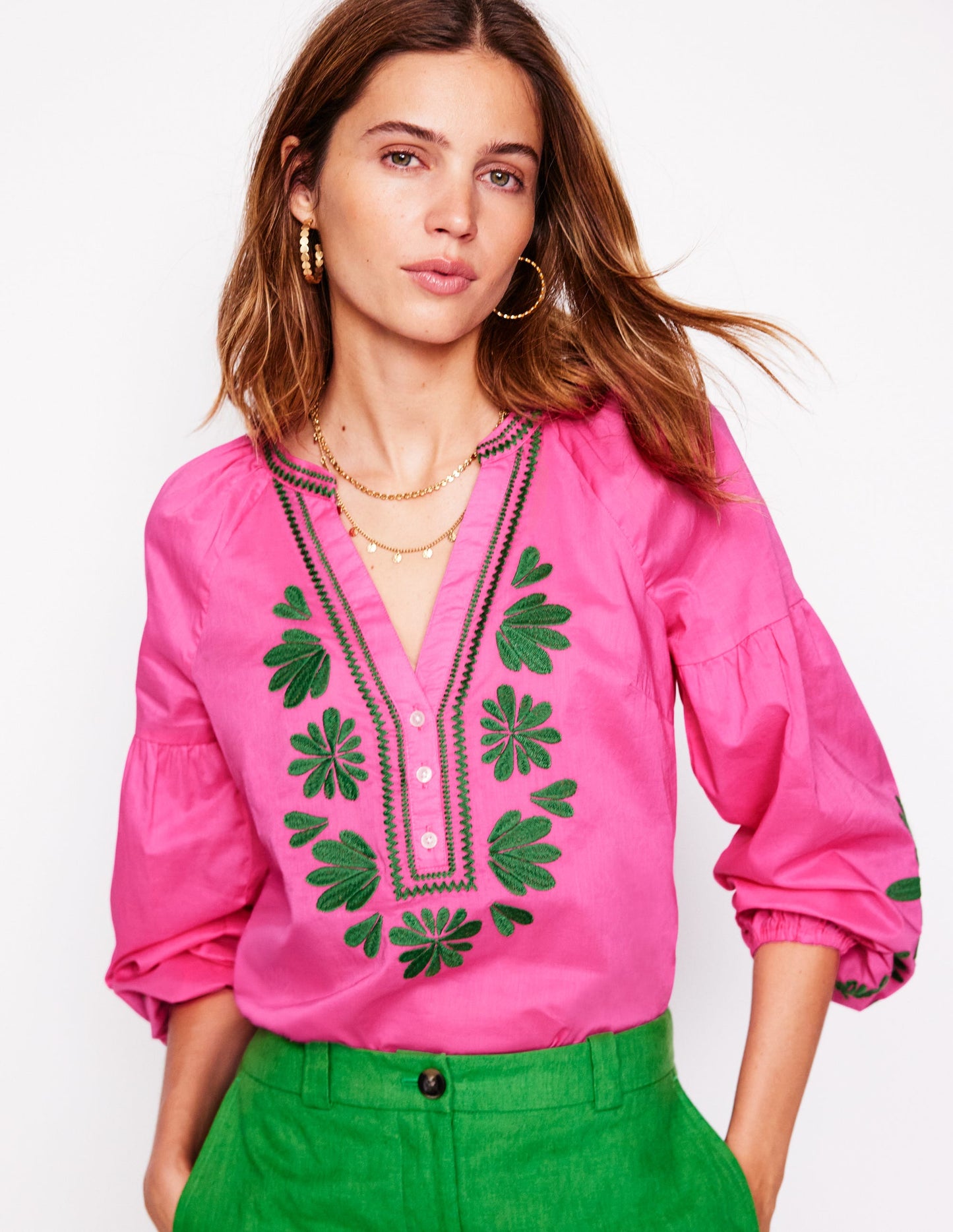 Besticktes Raglan-Oberteil aus Baumwolle-Sorbet-Rosa