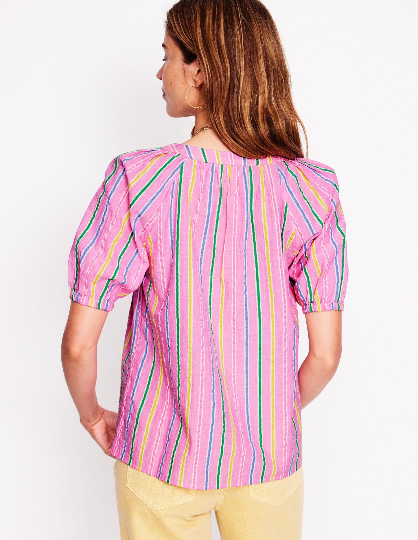 Brooke Baumwoll-Oberteil-Neonrosa Seersucker Streifen