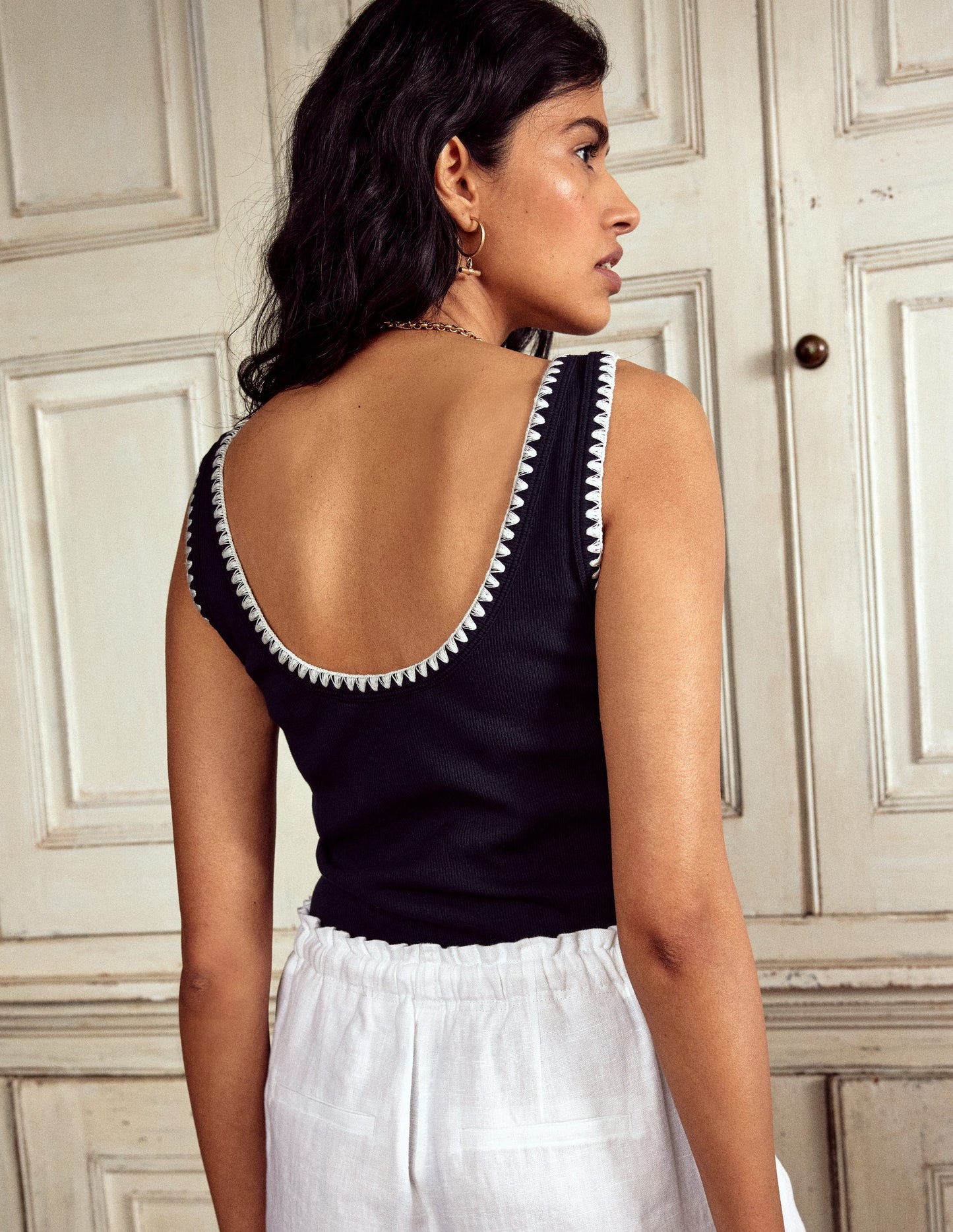 Débardeur col U à détail crocheté-Bleu Marine, Petits Pois