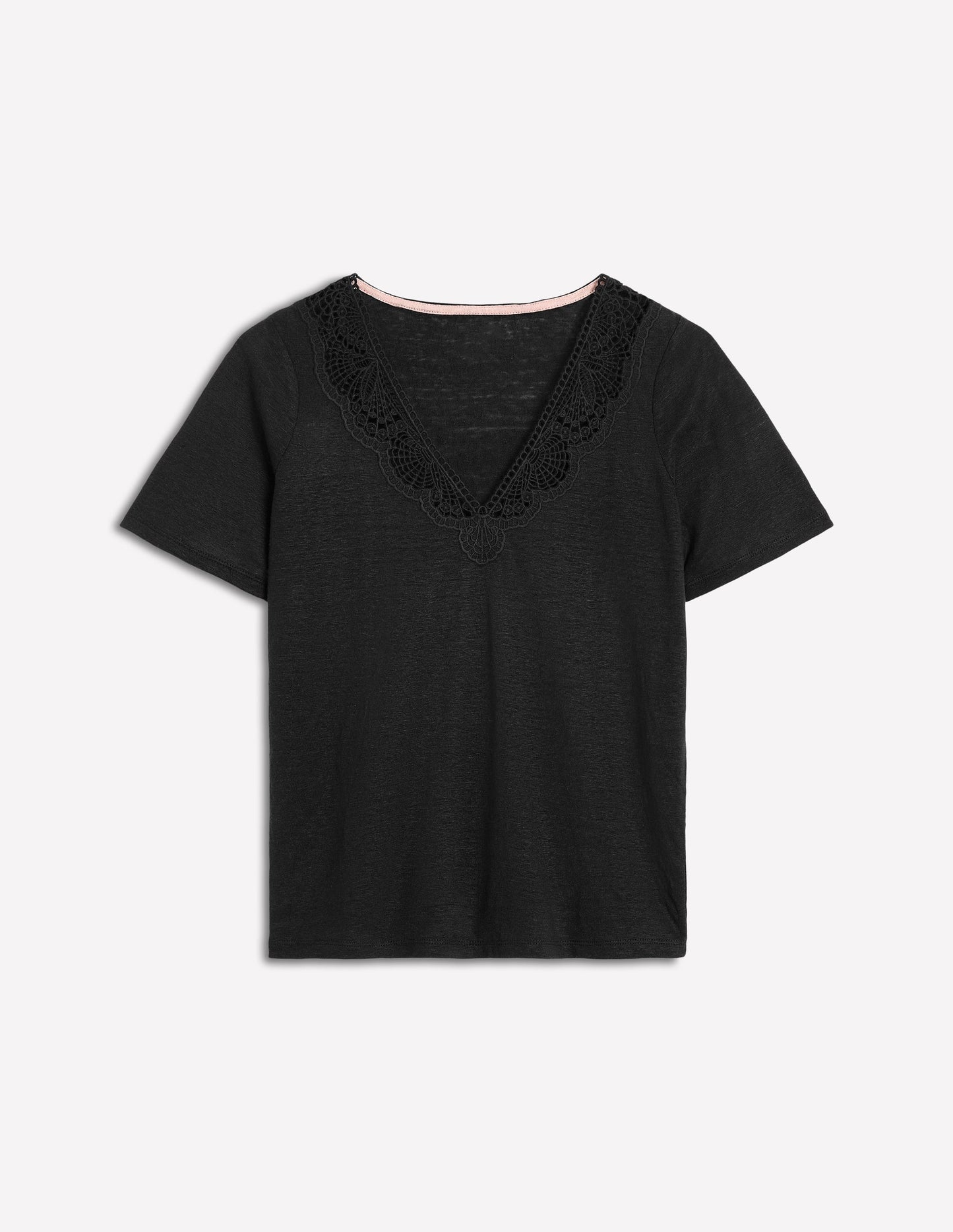 T-Shirt aus Leinen mit Spitzenbesatz-Schwarz