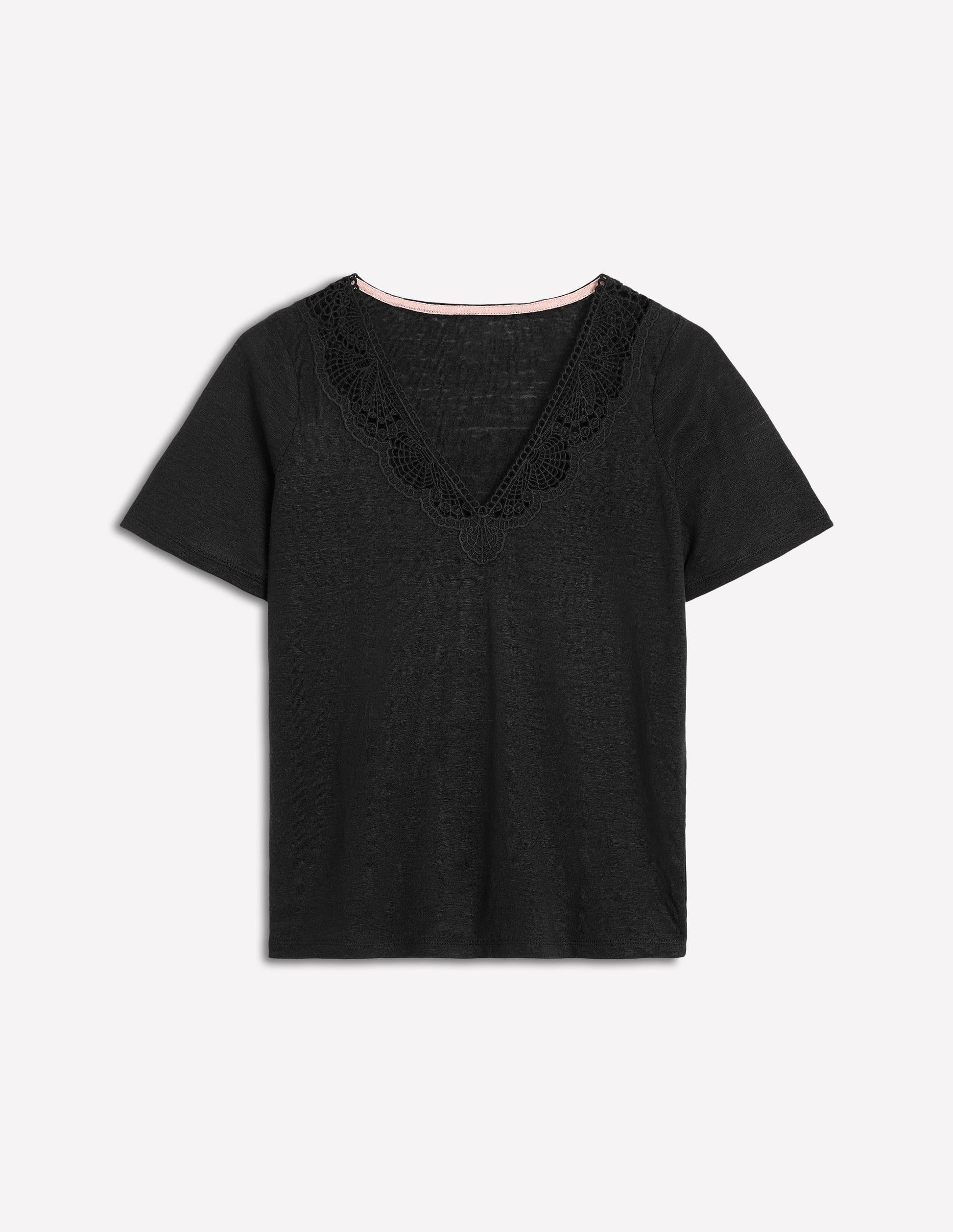 Lace Trim Linen T-shirt-Black-5