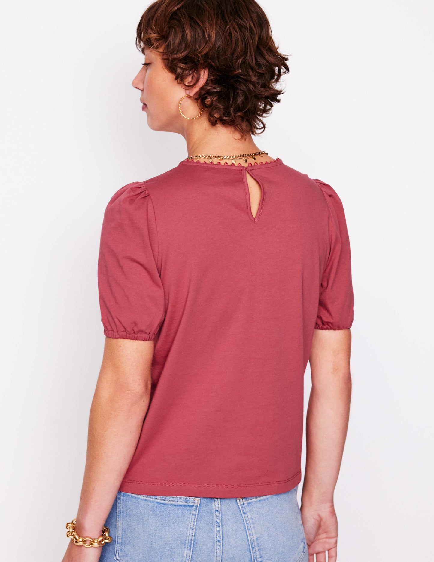 Cutwork-T-Shirt mit Puffärmeln-Terrakotta