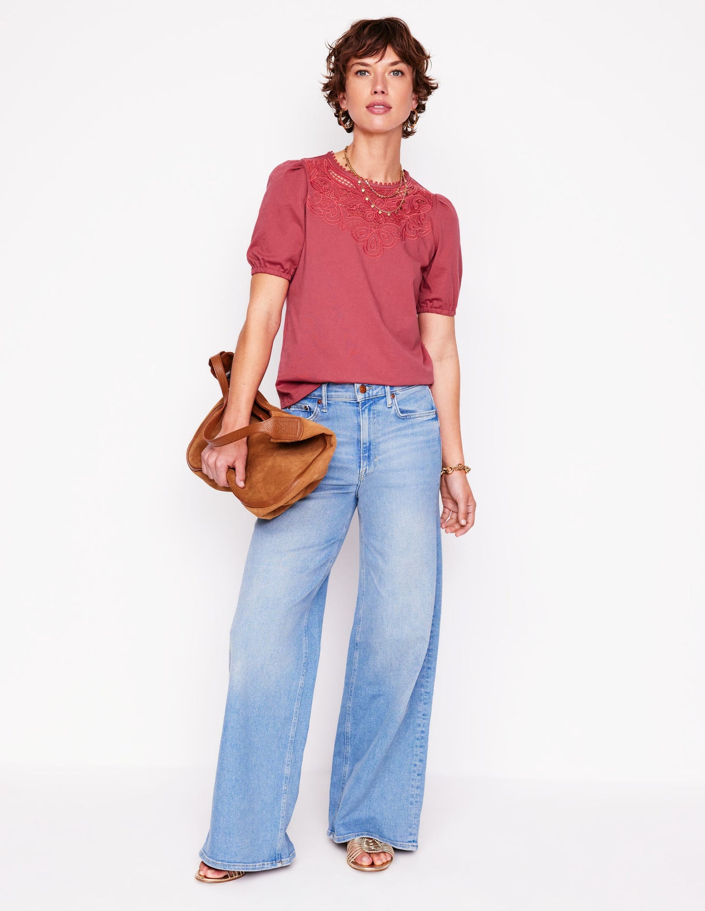 Cutwork-T-Shirt mit Puffärmeln-Terrakotta
