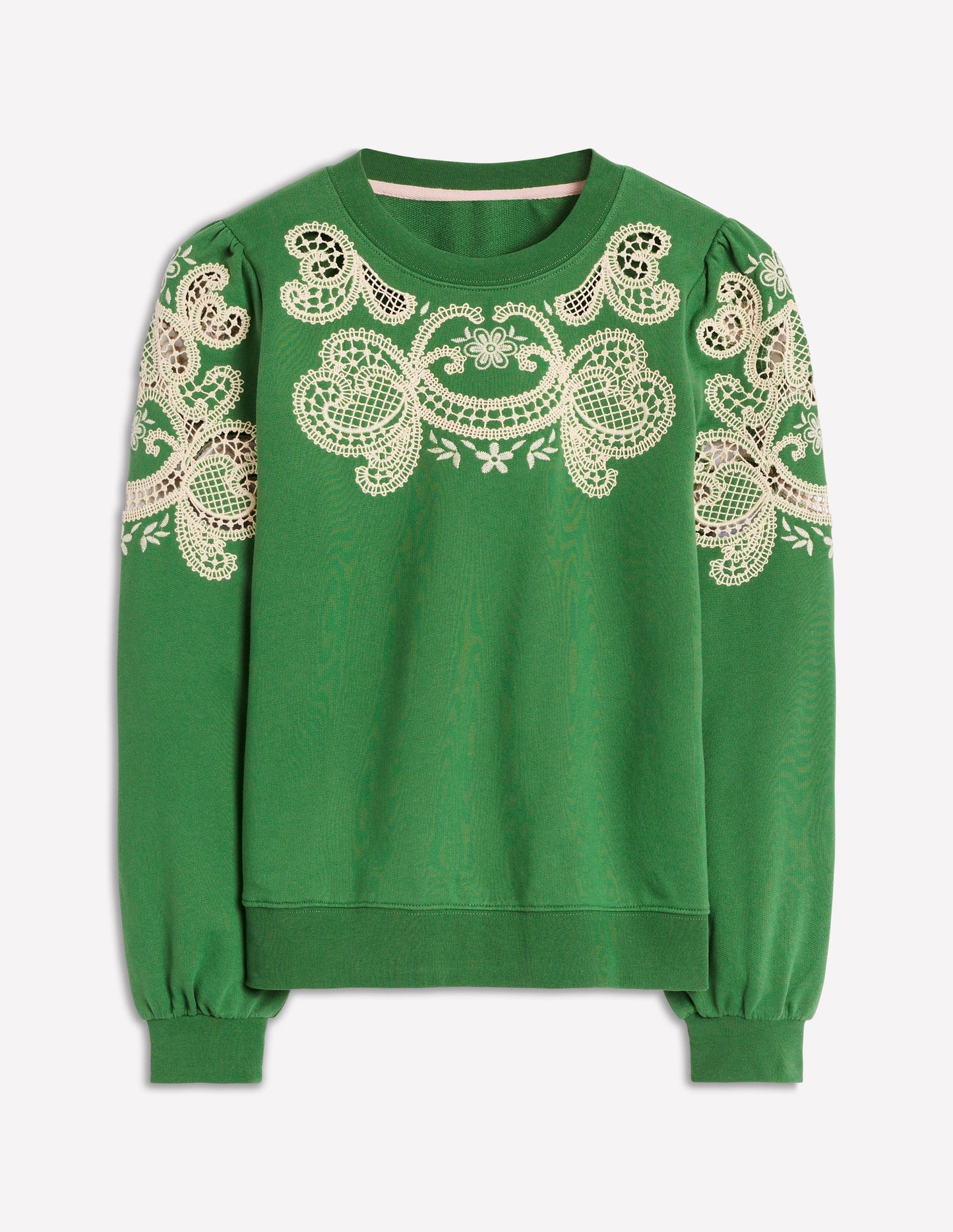 Sweatshirt mit Puffärmeln und Cutwork-Design-Paradiesgrün