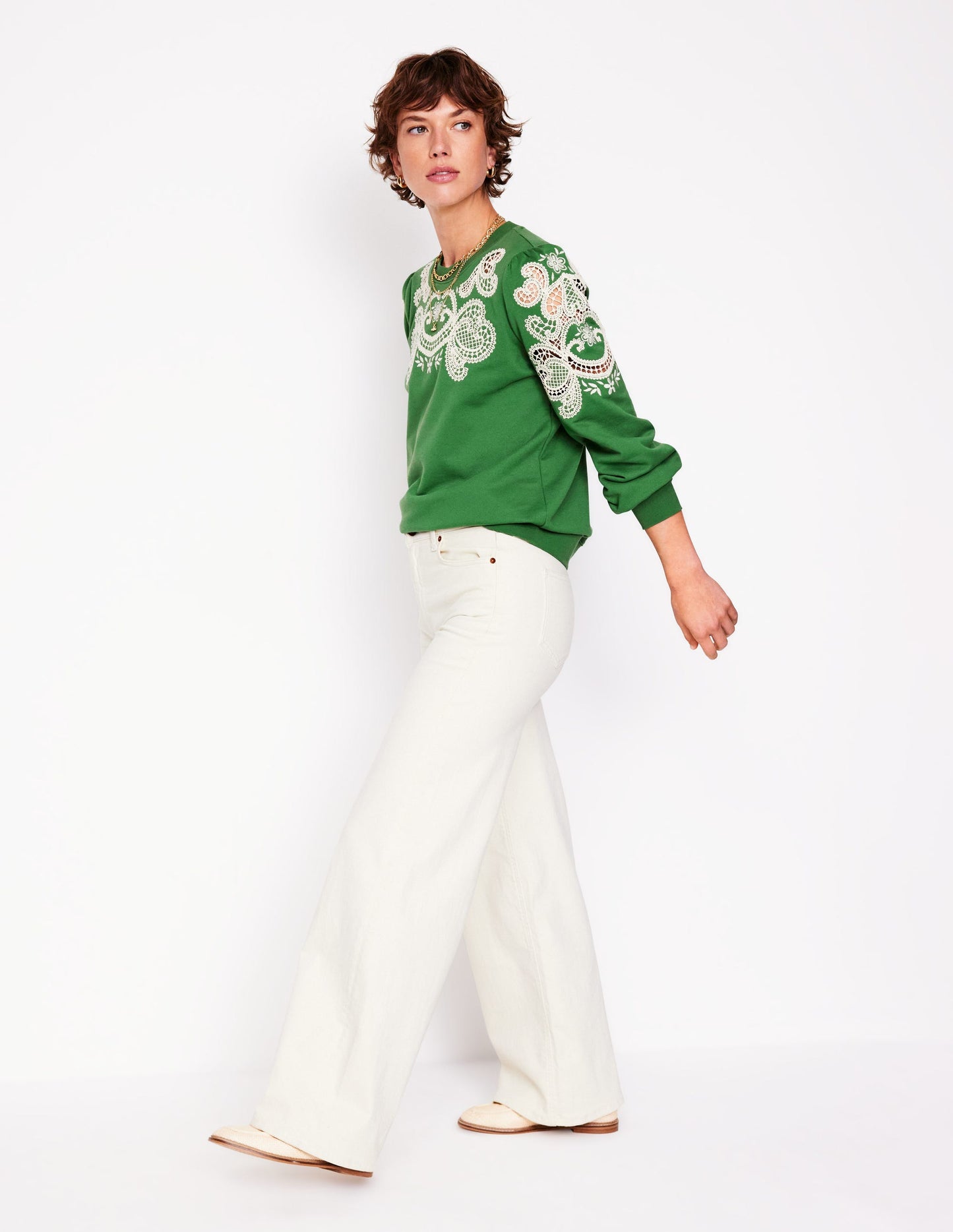 Sweatshirt mit Puffärmeln und Cutwork-Design-Paradiesgrün