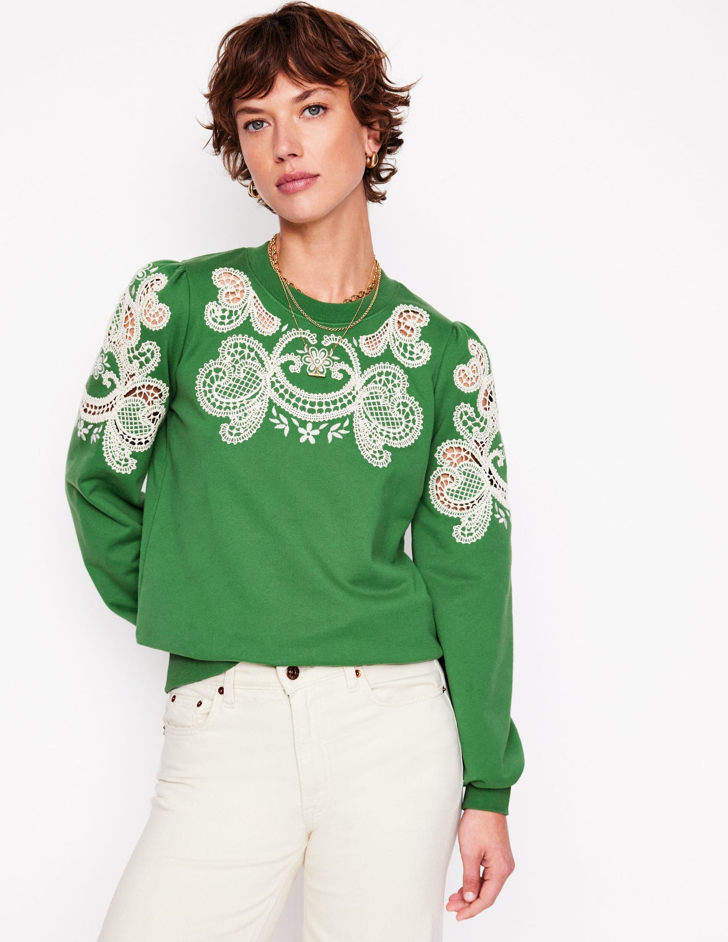 Sweatshirt mit Puffärmeln und Cutwork-Design-Paradiesgrün